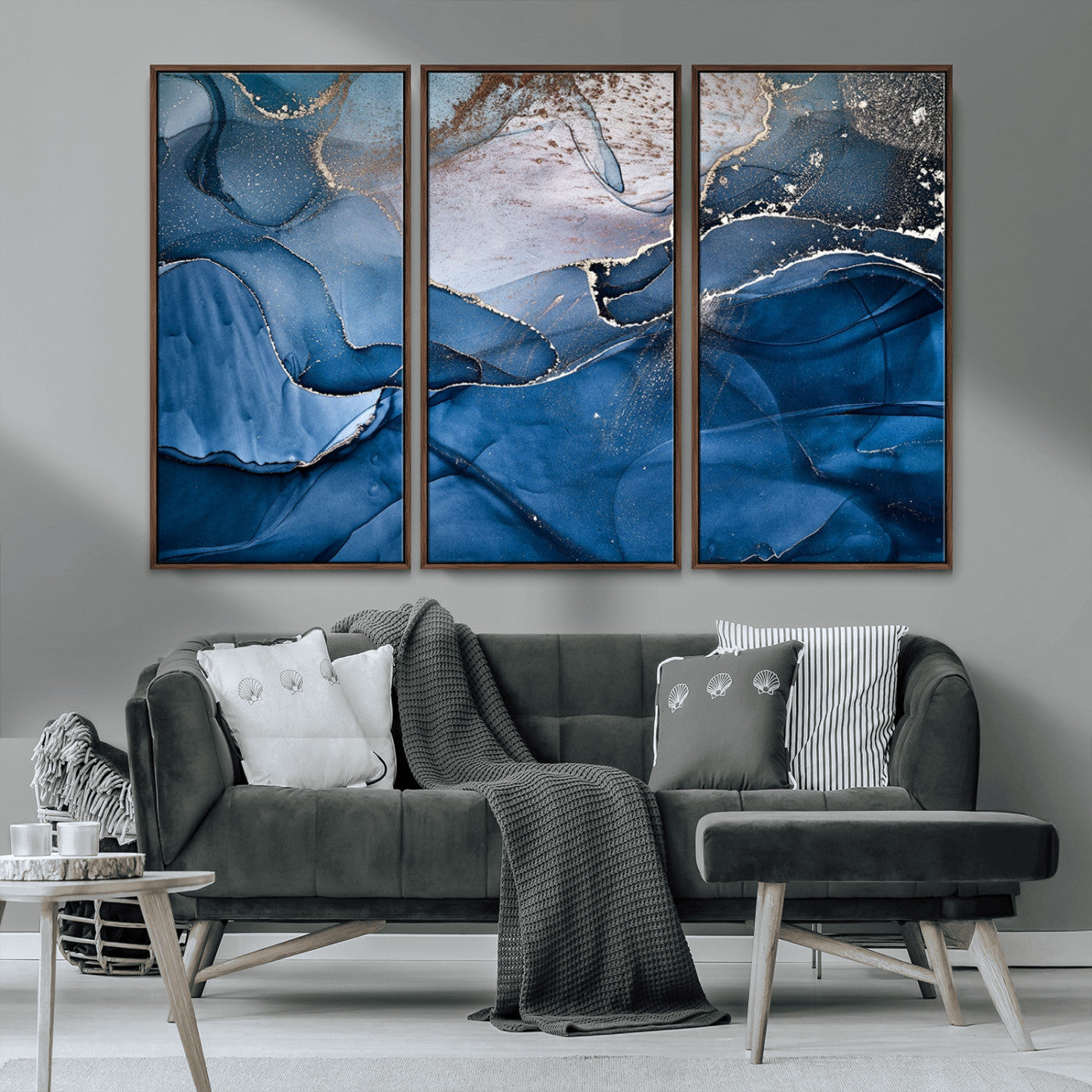-Navy Blue Canvas Art Abstract Print – Elegant Triptych Modern Art Print – Contemporary Decor for Living Room or Office