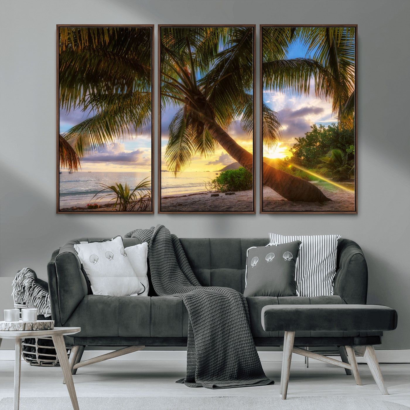 MGV-FC-48X32-3P - Tropical Island Sunset on the Beach Palms Wall Art Canvas Print