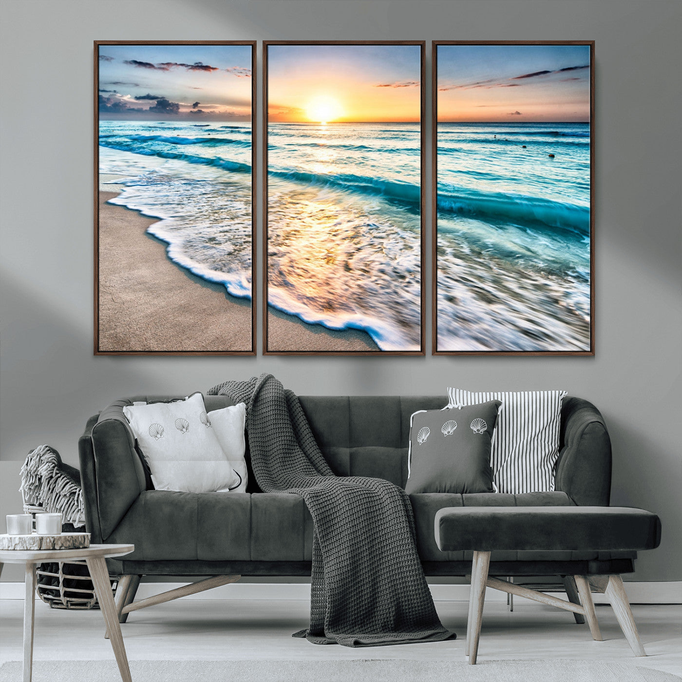 MGV-FC-48X32-3P - Sunset Beach Waves Canvas Wall Art – 5-Panel Ocean Sunset Print – Coastal Decor for Living Room or