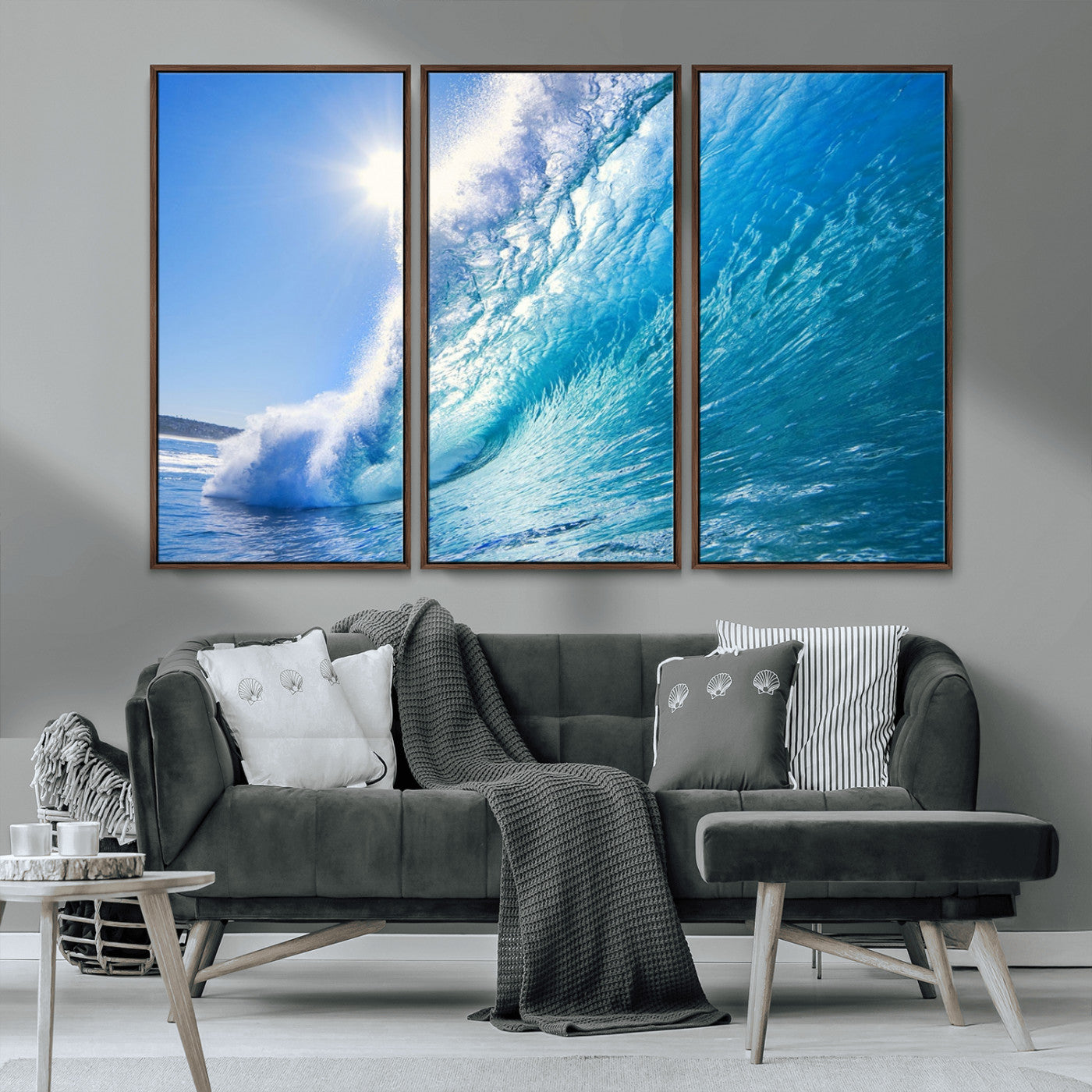 MGV-FC-48X32-3P - Blue Big Wave Surfing Ocean Canvas Wall Art Artwork Print , Surf Wall Art, Sea Wall Art