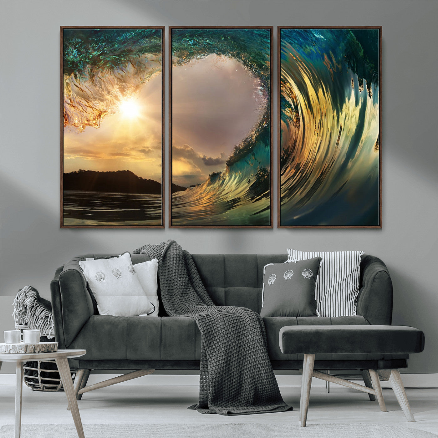 MGV-FC-48X32-3P - Golden Wave Sunset Giclee Canvas Print – Large Coastal Wall Art for Nature Lovers, Captivating Ocean Wave Decor