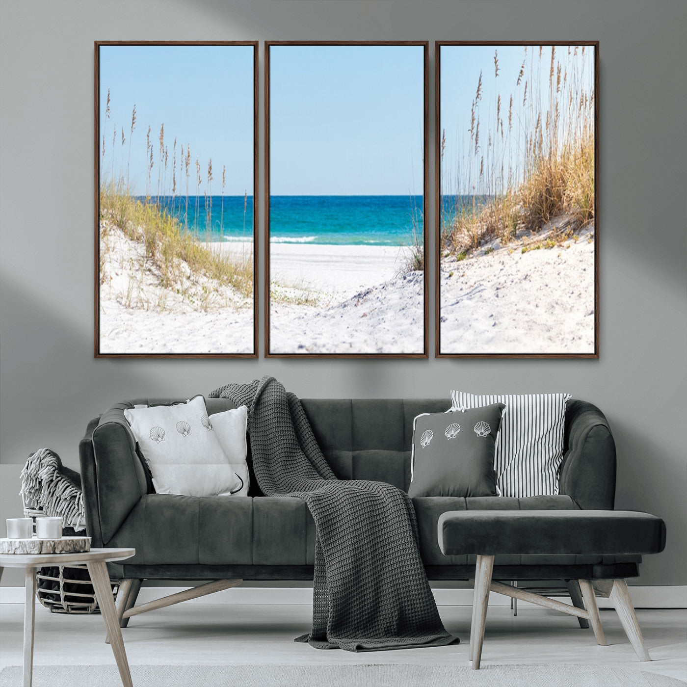 MGV-FC-48X32-3P - Serene Coastal Dune Path with Ocean View, 3-Panel Beach Canvas Wall Art, Tranquil Seascape Giclee Print, Gallery Wrap, Perfect for Coastal Home Decor