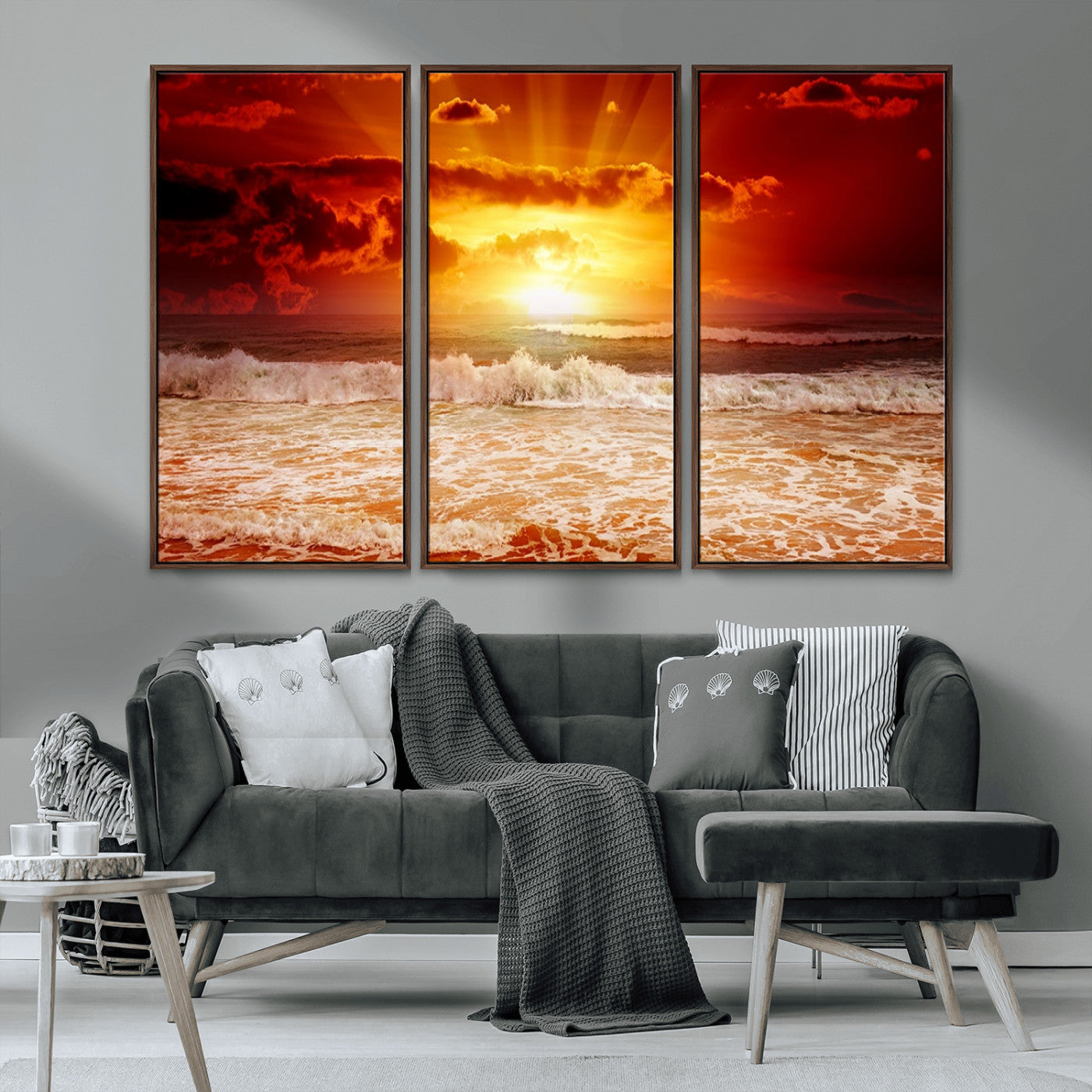 MGV-FC-48X32-3P - Red Sunset Ocean Beach Canvas Wall Art Beach Canvas, Coastal Sunset Print
