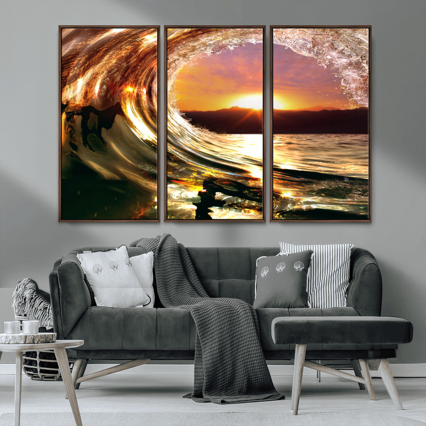 MGV-FC-48X32-3P - Golden Wave Sunset Triptych Canvas Art, Giclee Canvas Print of Ocean Wave and Sunset, Framed Ocean