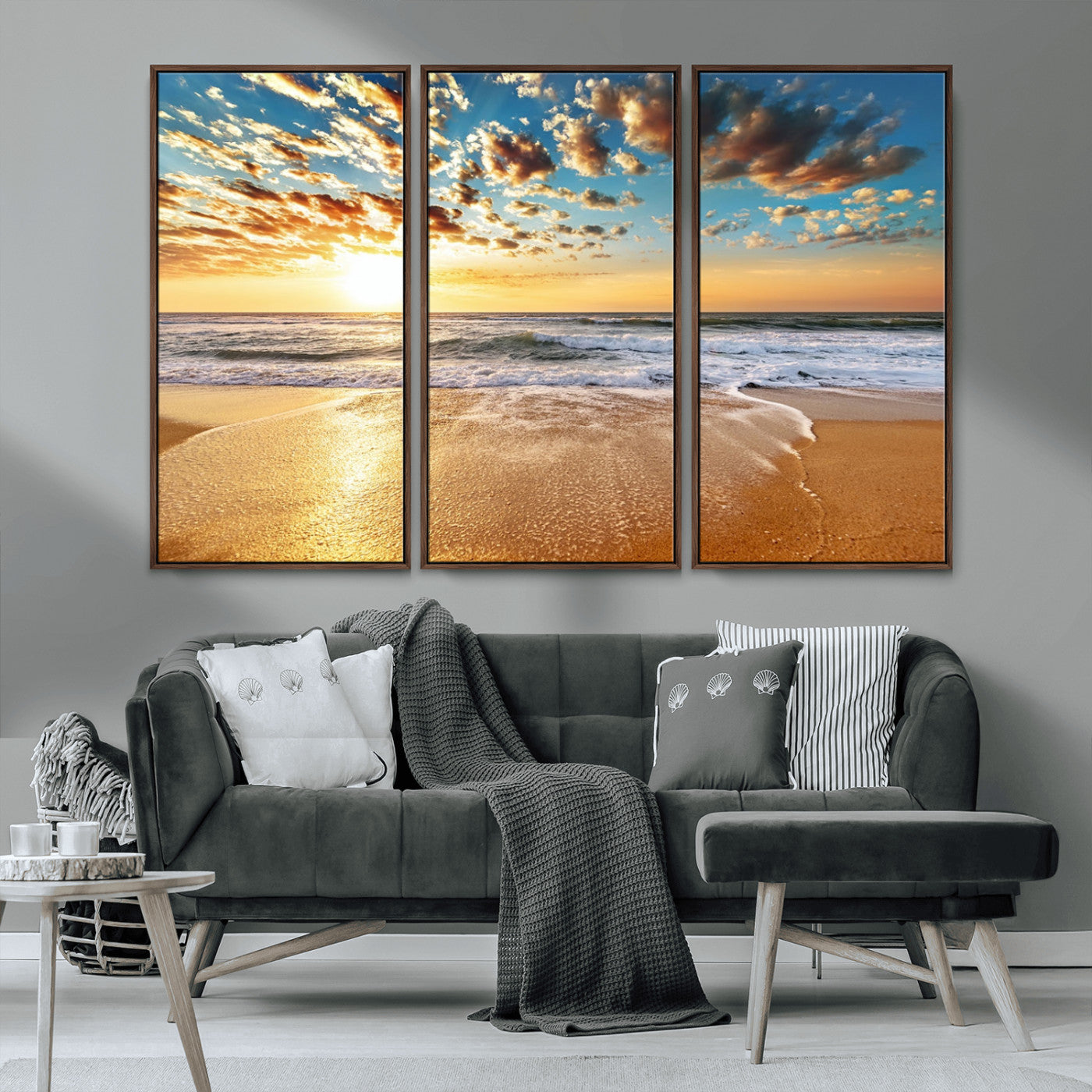 MGV-FC-48X32-3P - Golden Sunset Beach Print Canvas Wall Art, Giclee Canvas Print with Canon Print Quality, Triptych
