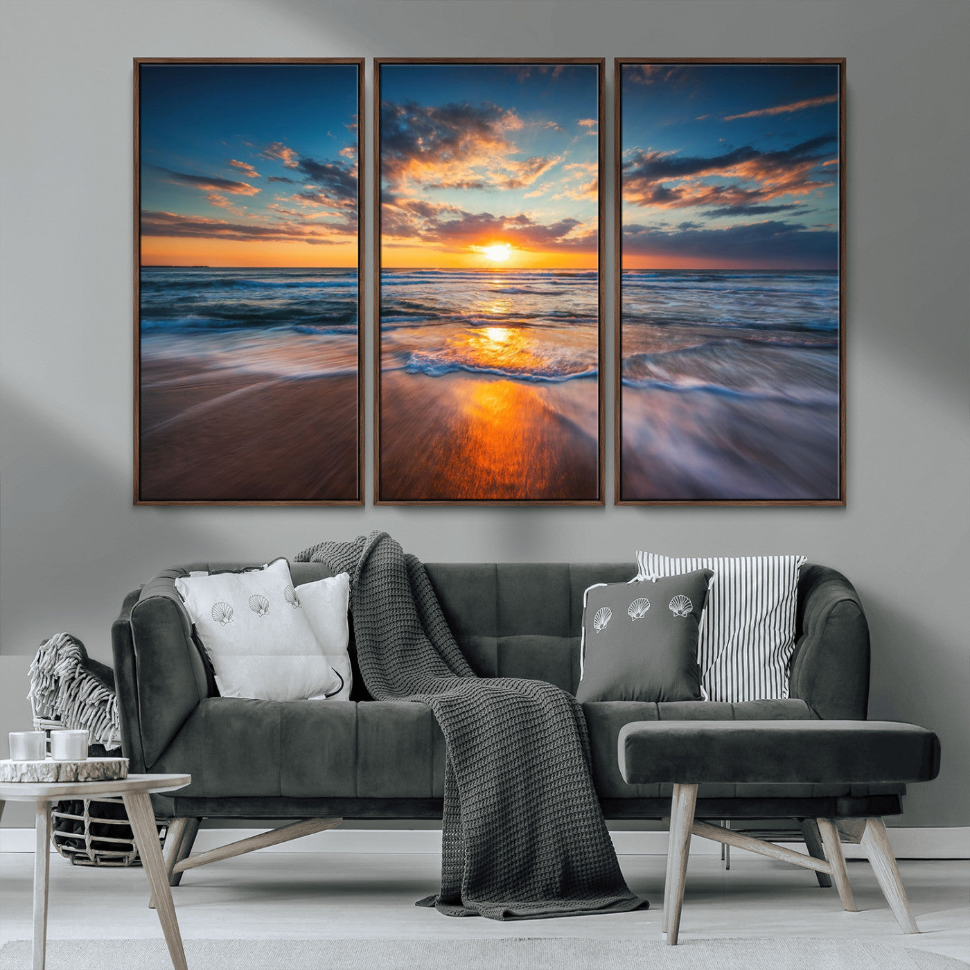 MGV-FC-48X32-3P - Sunset on the Ocean Beach with Waves, Reflections on Sand, Coastal Wall Art Print, Beach Wall Art,