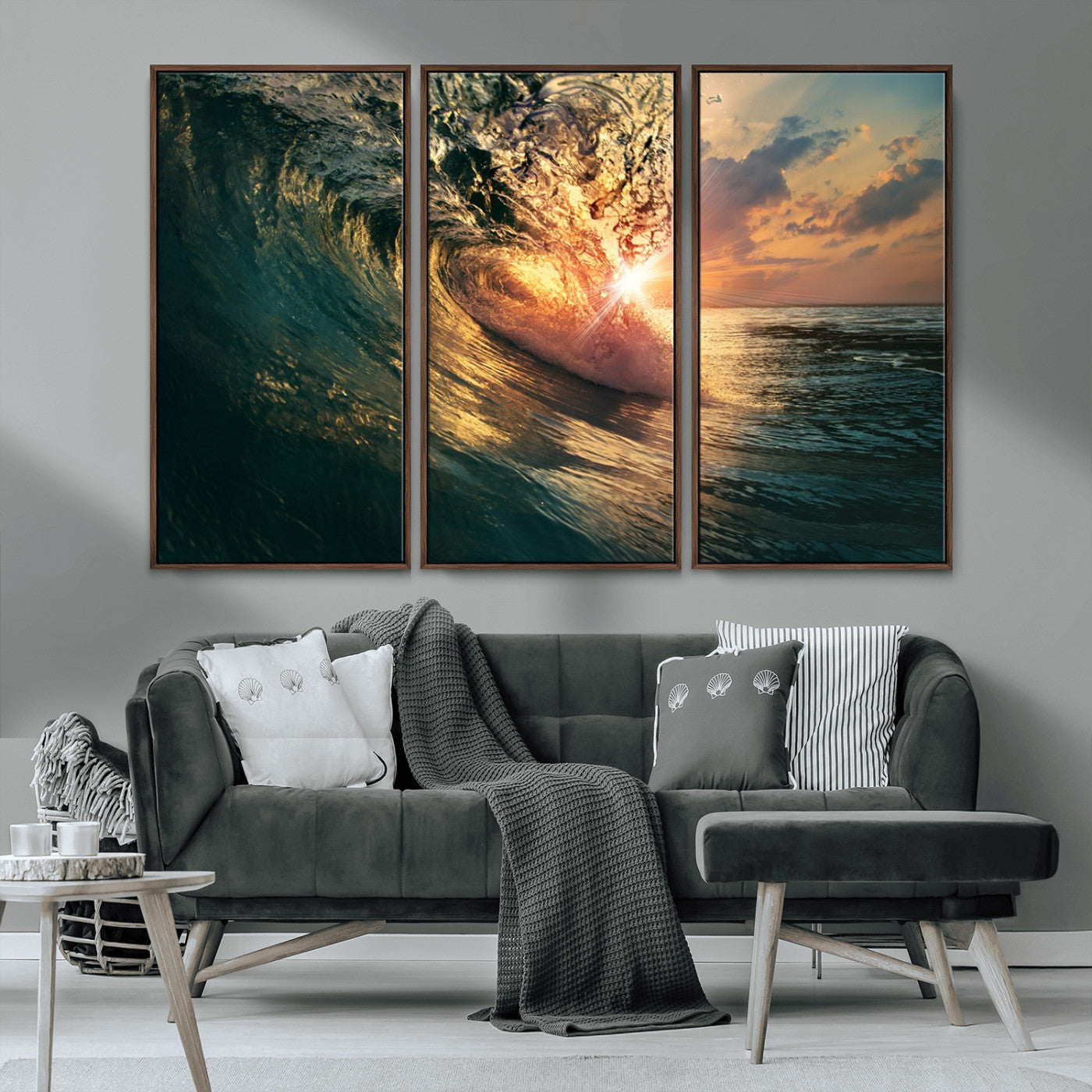 MGV-FC-48X32-3P - Ocean Wave Sunset Canvas Wall Art – Triptych Seascape Print – Framed and Ready to Hang for Living Room or Office