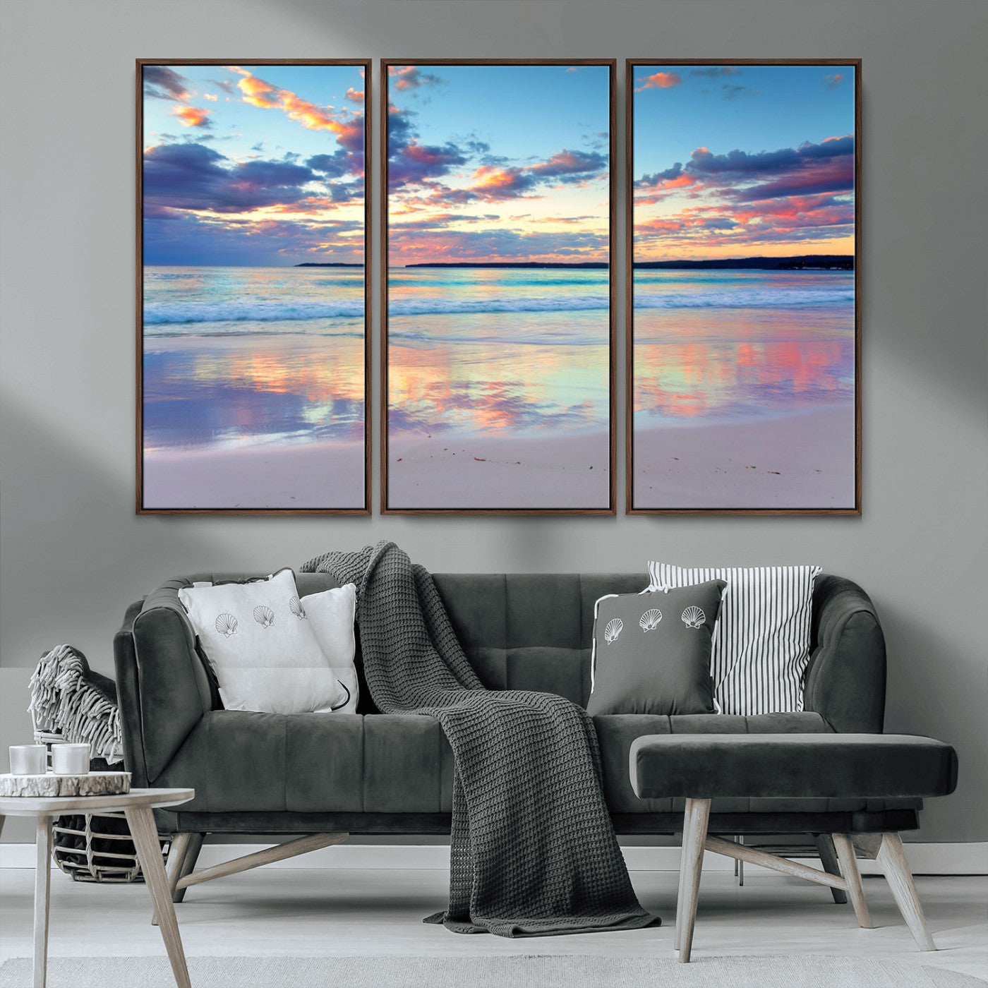 MGV-FC-48X32-3P - Tranquil Pastel Sunset Beach Triptych Canvas Art, Soothing Coastal Ocean Shoreline Giclee Print, Beach Reflections Wall Decor for Serene Spaces