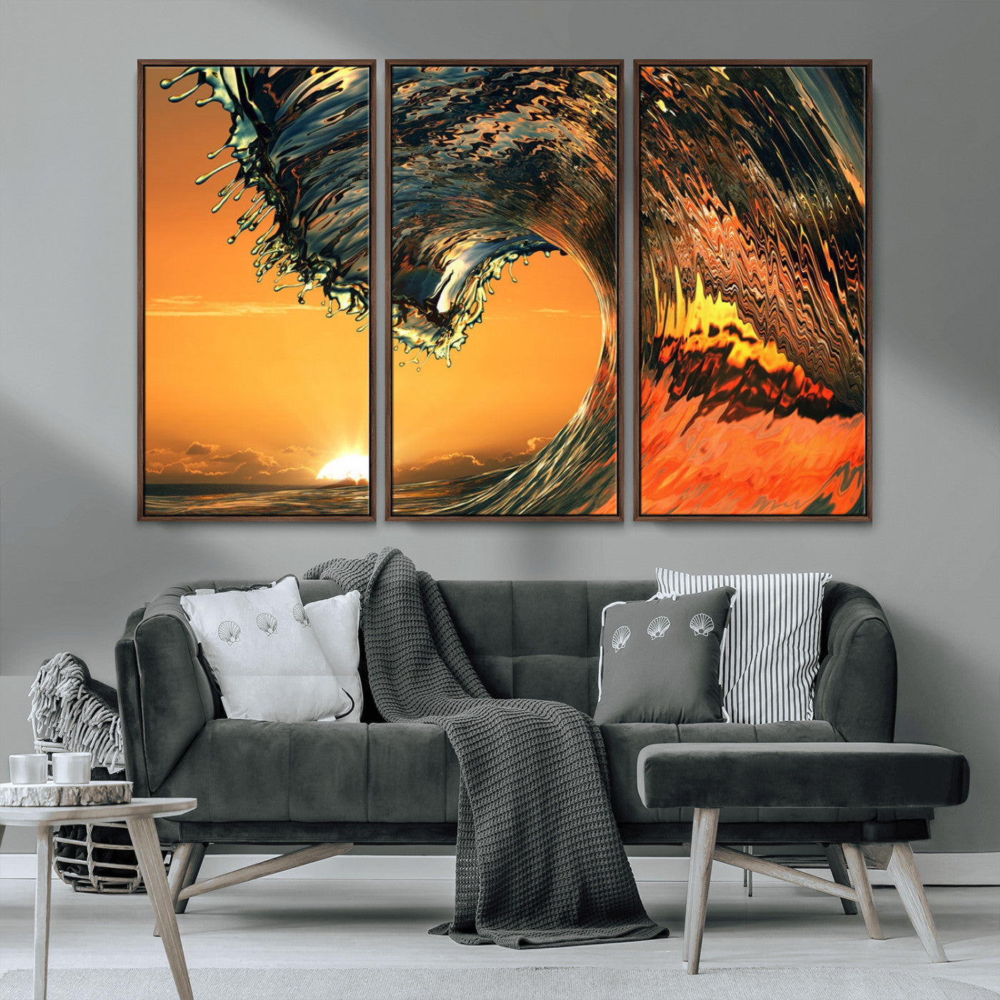 -Surf Wave Sunset Canvas Wall Art Print, 3-Panel Ocean Coastal Wall Art Print, Ocean Decor for