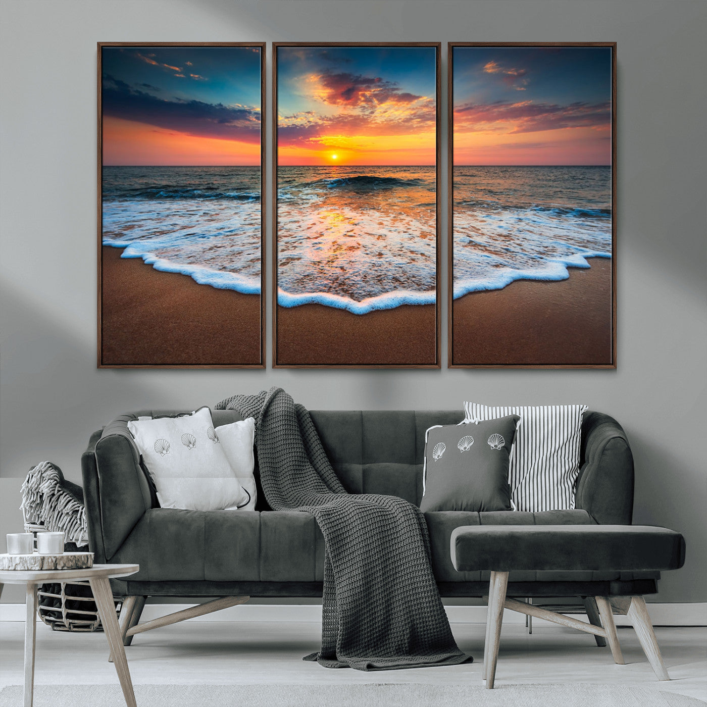 MGV-FC-48X32-3P - Sunset Beach Canvas Wall Art – Colorful Ocean Waves Triptych – Coastal Decor for Living Room or Bedroom – Framed and Ready to Hang