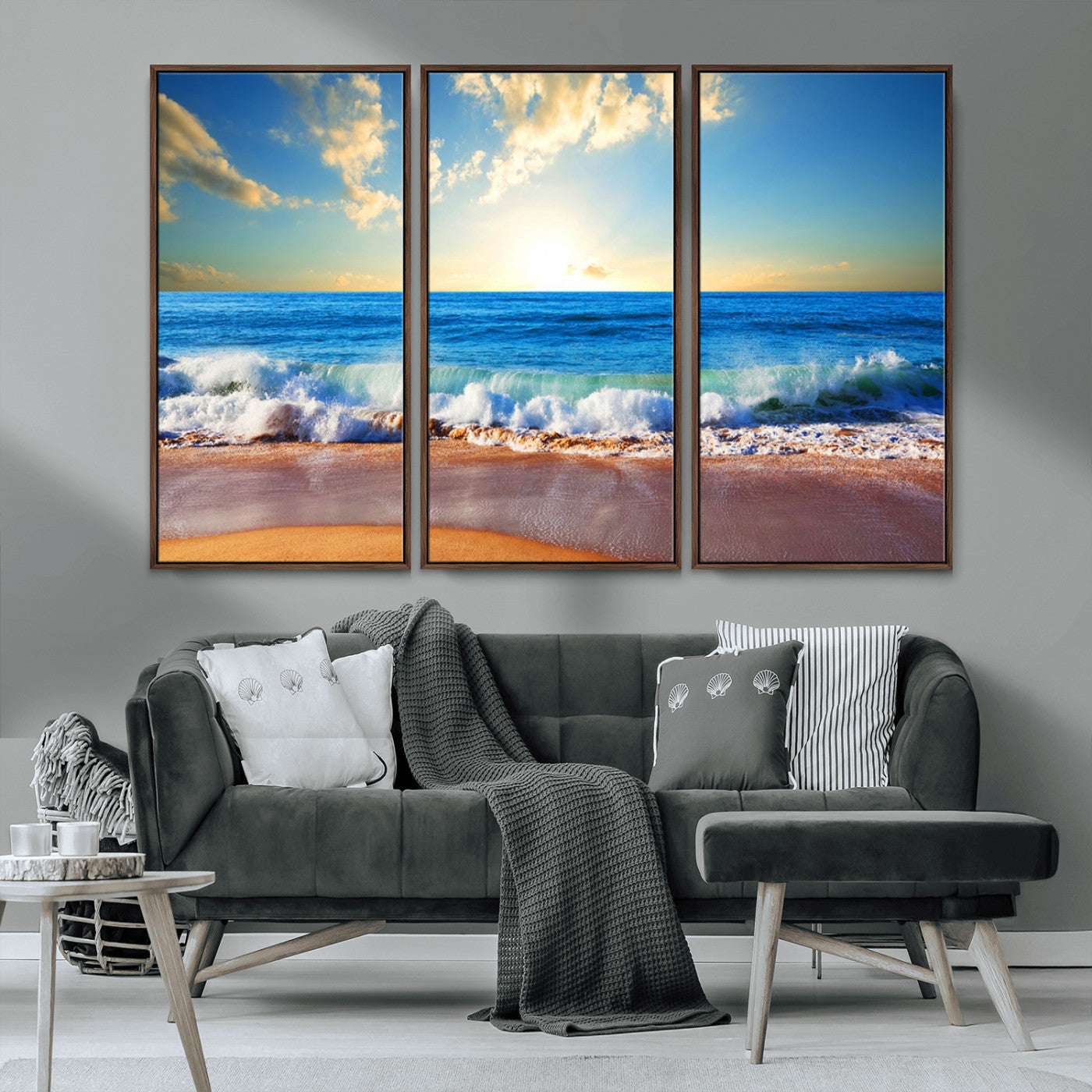 MGV-FC-48X32-3P - Tropical Beach Sunset Canvas Art, Ocean Waves and Sandy Shoreline Wall Art, Large Beach Decor for Coastal Homes