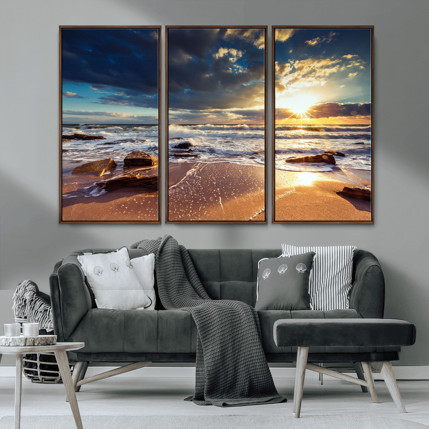 MGV-FC-48X32-3P - Golden Hour Beach Sunset Canvas Triptych, Ocean Waves and Rocks Wall Art for Coastal Home Decor