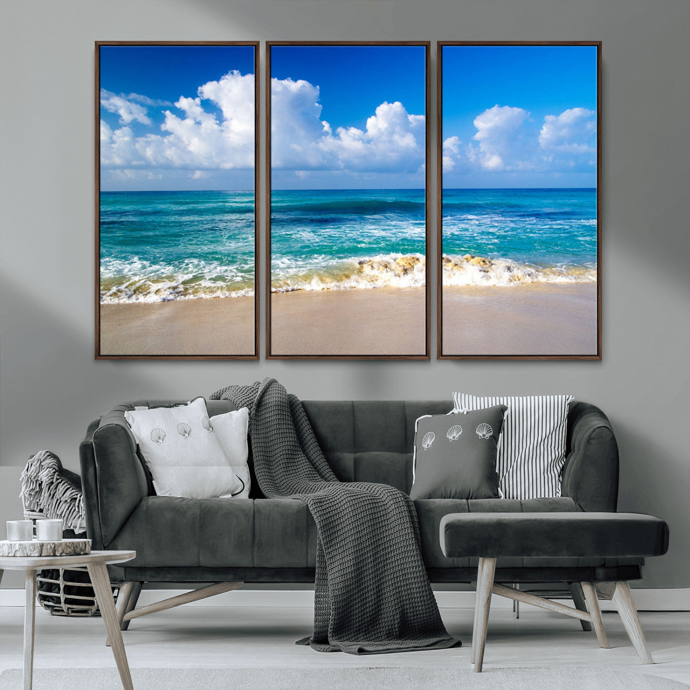 MGV-FC-48X32-3P - Tropical Beach 3-Panel Canvas Wall Art – Serene Ocean Waves and Blue Sky – Giclée Print for Living Room, Office, or Bedroom Coastal Decor