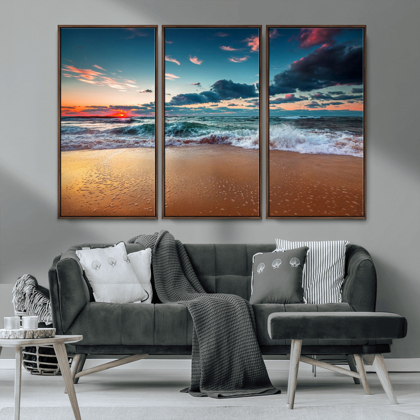 MGV-FC-48X32-3P - Sunset Ocean Beach Wall Art – Giclee Canvas Print, Coastal Seascape, Ready to Hang, Beach Decor, Large 3-Panel Set for Living Room