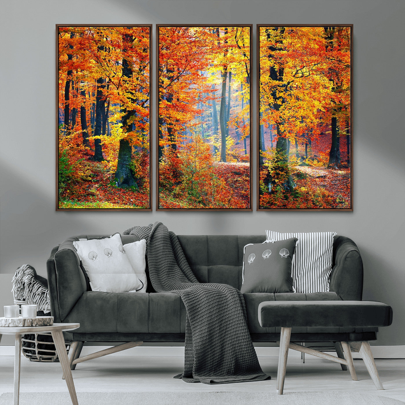 MGV-FC-48X32-3P - Autumn Red Forest Triptych Canvas Wall Art Print, Forest Wall Decor, Fall Landscape Art | Season Nature Landscape for Home or Office