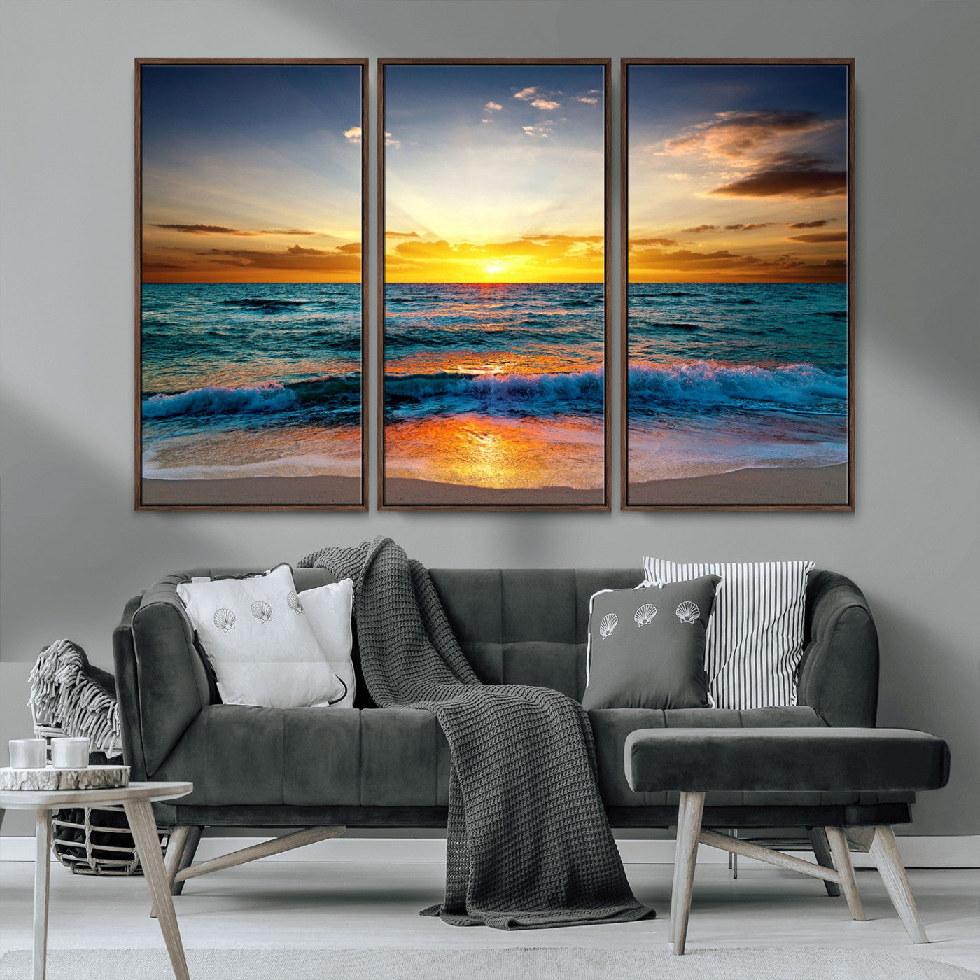 MGV-FC-48X32-3P - Vibrant Ocean Sunrise Over Golden Beach Waves, Giclee Canvas Wall Art Set, High-Quality Stretched Canvas Print, Ready to Hang Coastal Sunset Wall