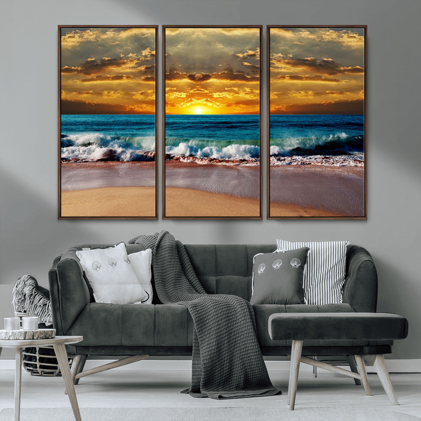 MGV-FC-48X32-3P - Ocean Sunrise Over Golden Beach Waves, Giclee Canvas Wall Art Set, High-Quality Stretched Canvas Print, Ready to Hang Coastal Sunset Wall Decor
