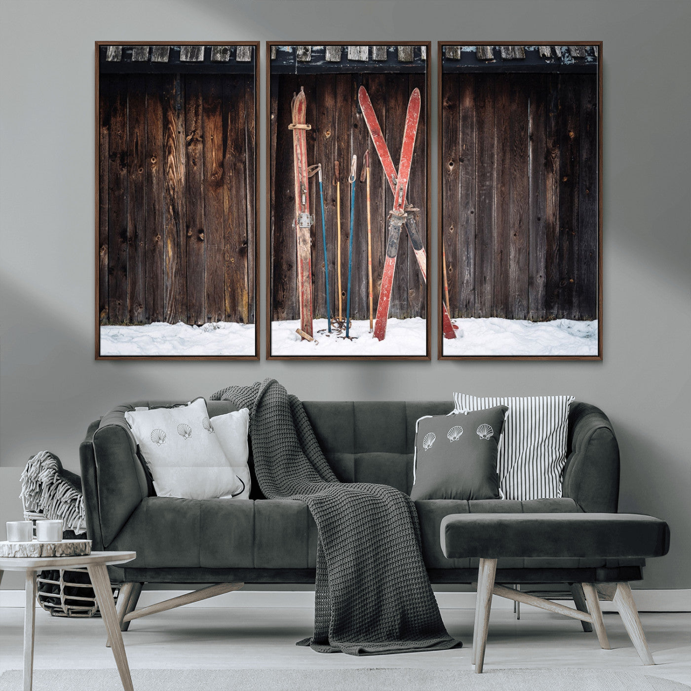 MGV-FC-48X32-3P - Vintage Ski Gear Against Wooden Cabin Wall, Rustic Winter Sports Equipment Canvas Print, Ready to Hang Wall Art, Perfect for Lodge or Ski Cabin Decor