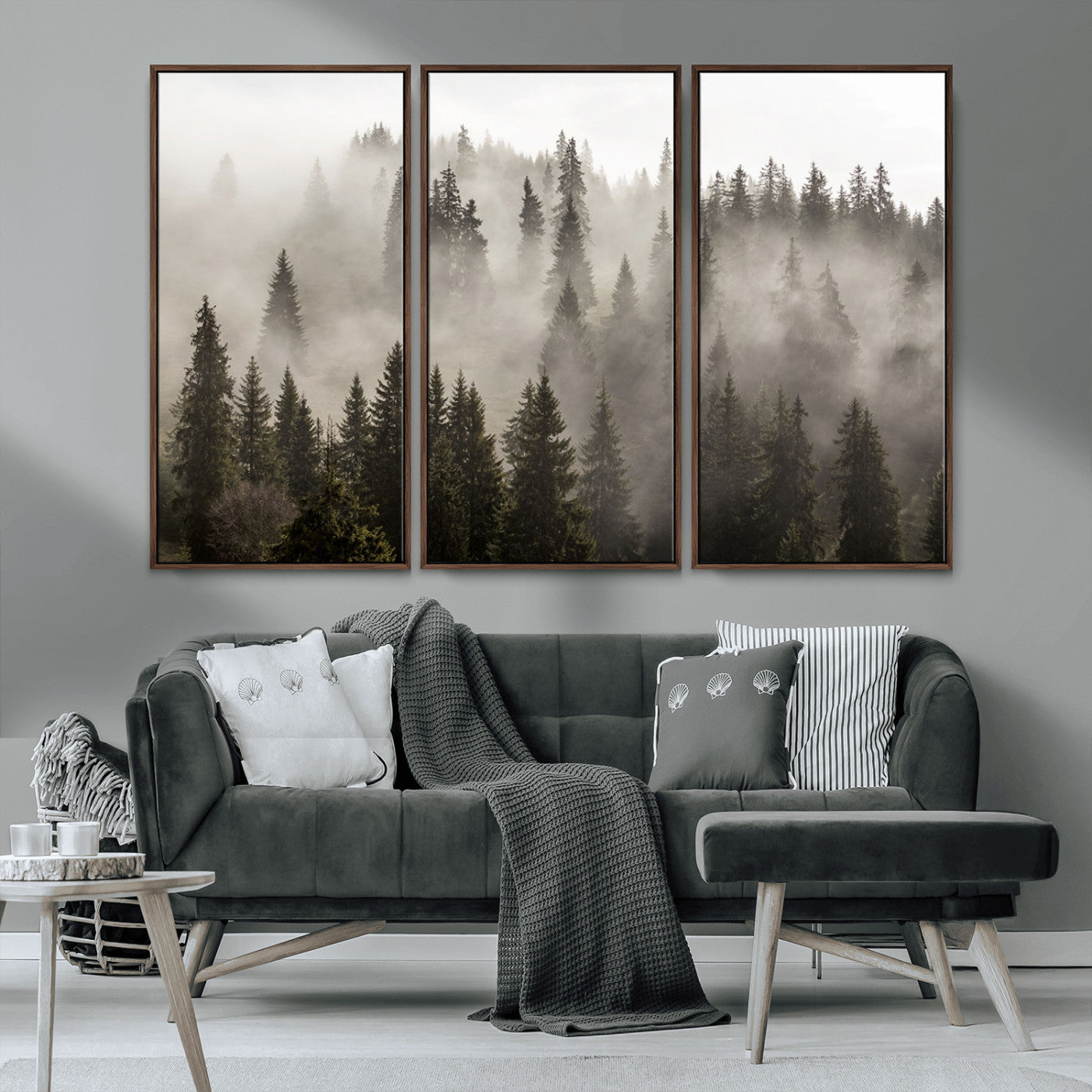 MGV-FC-48X32-3P - Foggy Mountain Wall Art | 3-Panel Foggy Forest and Mountain Landscape | Large Giclee Print for