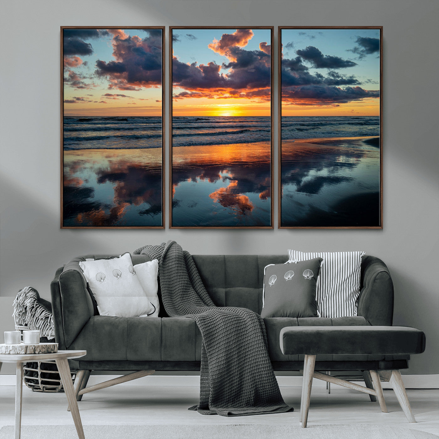 MGV-FC-48X32-3P - Beach Sunset Print - Stunning Ocean Canvas Artwork with Sunset Reflection Design for Elegant Home or