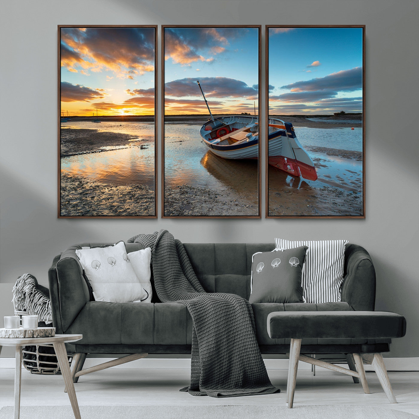 MGV-FC-48X32-3P - Small Boat At The Beach Sunset Wall Art, Boat Sunset Wall Art Canvas Print