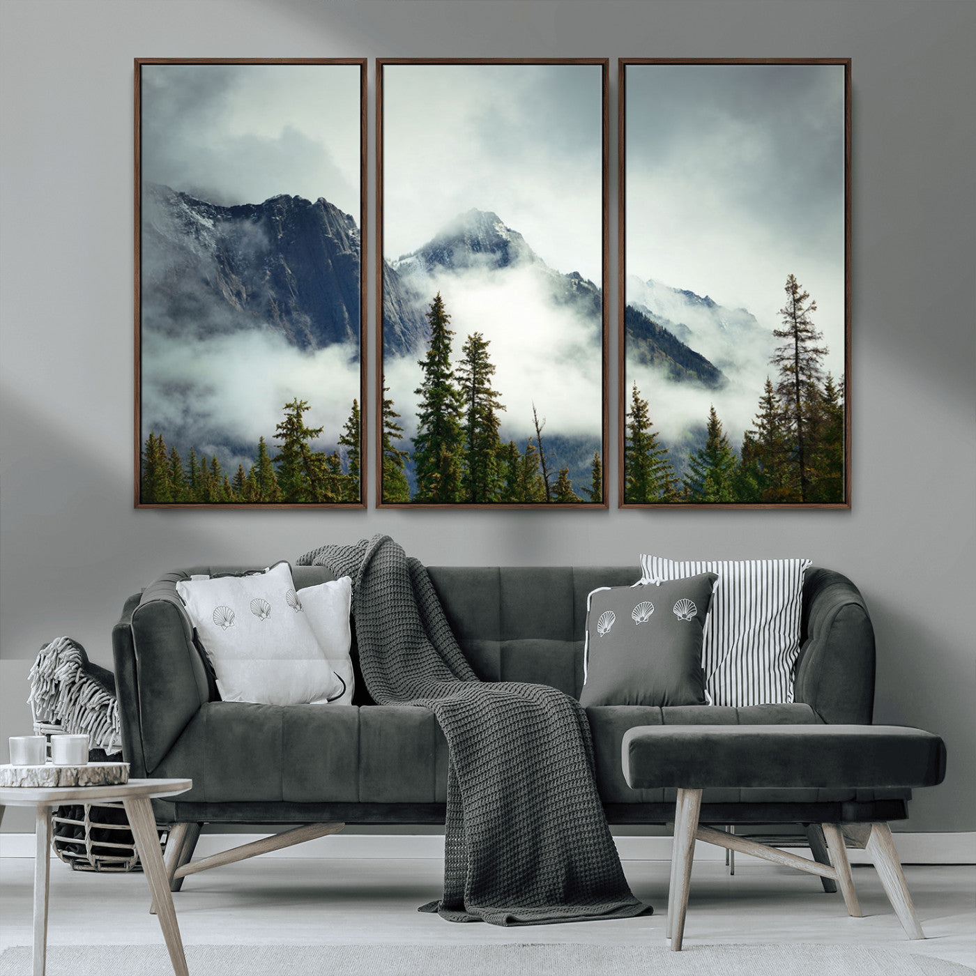 MGV-FC-48X32-3P - Mountain Mist Canvas Wall Art | 3-Panel Foggy Forest and Mountain Landscape | Large Giclee Print for Living Room, Office, or Cabin, Farmhouse Decor