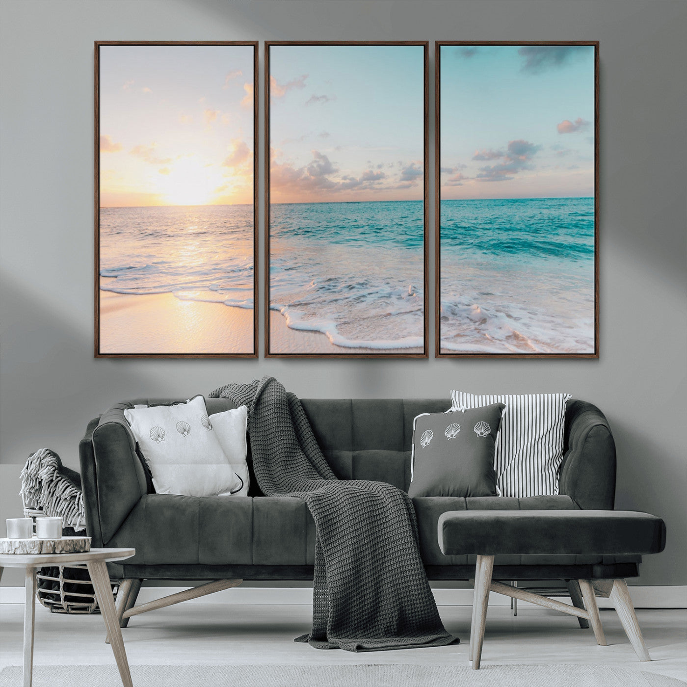 MGV-FC-48X32-3P - Tranquil Ocean Beach Sunset Canvas Wall Art | 3-Panel Coastal Decor