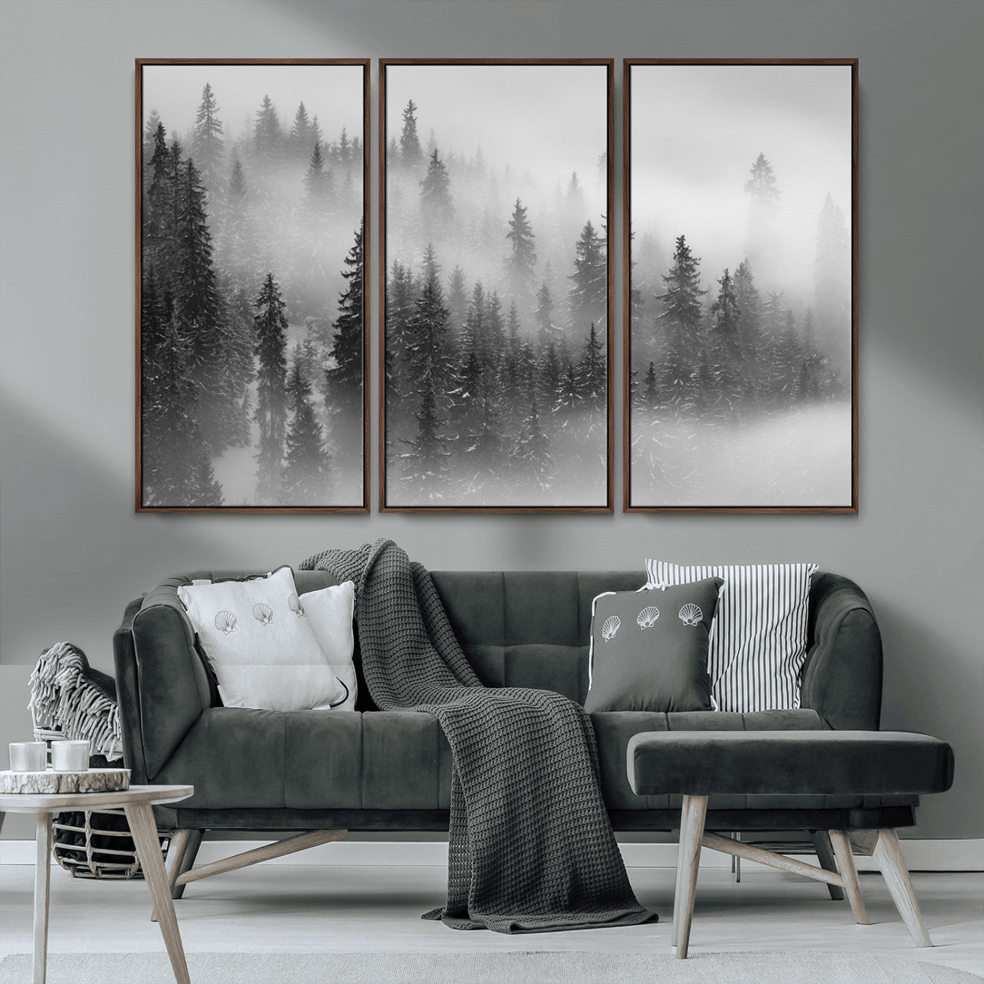 MGV-FC-48X32-3P - Black and White Forest Wall Art Print – Misty Pine Tree Canvas Print – Winter Woodland Nature Artwork – Perfect for Minimalist Home Decor