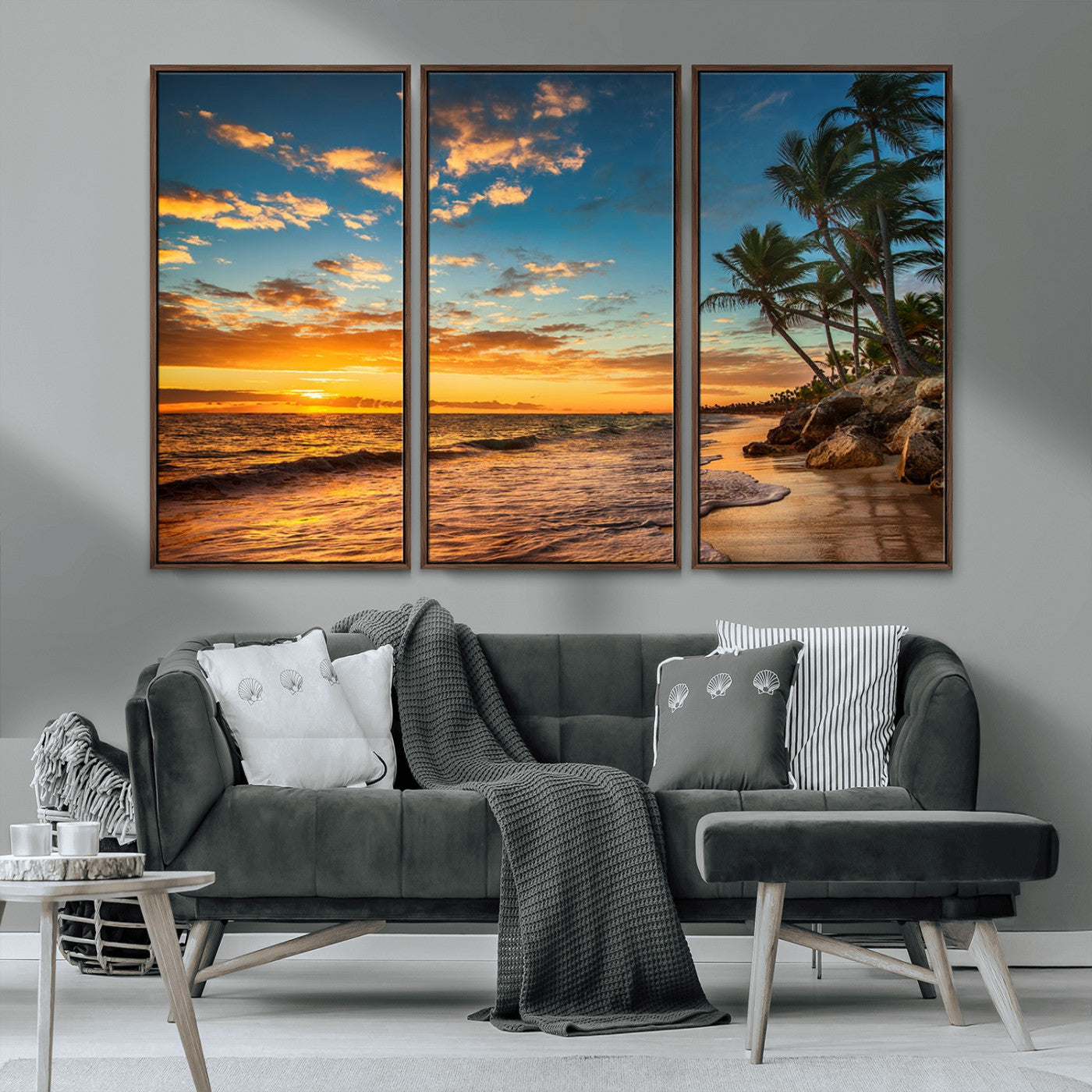 MGV-FC-48X32-3P - Tropical Beach Sunset Wall Art Print – Palm Tree Coastal Canvas Print – Ocean Seascape Artwork – Perfect for Tropical Modern Home Decor
