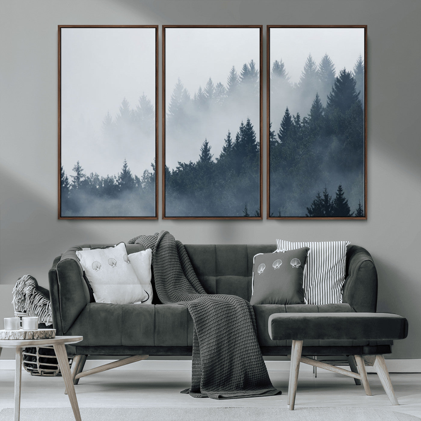 MGV-FC-48X32-3P - Misty Forest Wall Art Print – Foggy Pine Tree Canvas Print – Dark Woodland Nature Artwork – Perfect for Minimalist and Modern Home Decor
