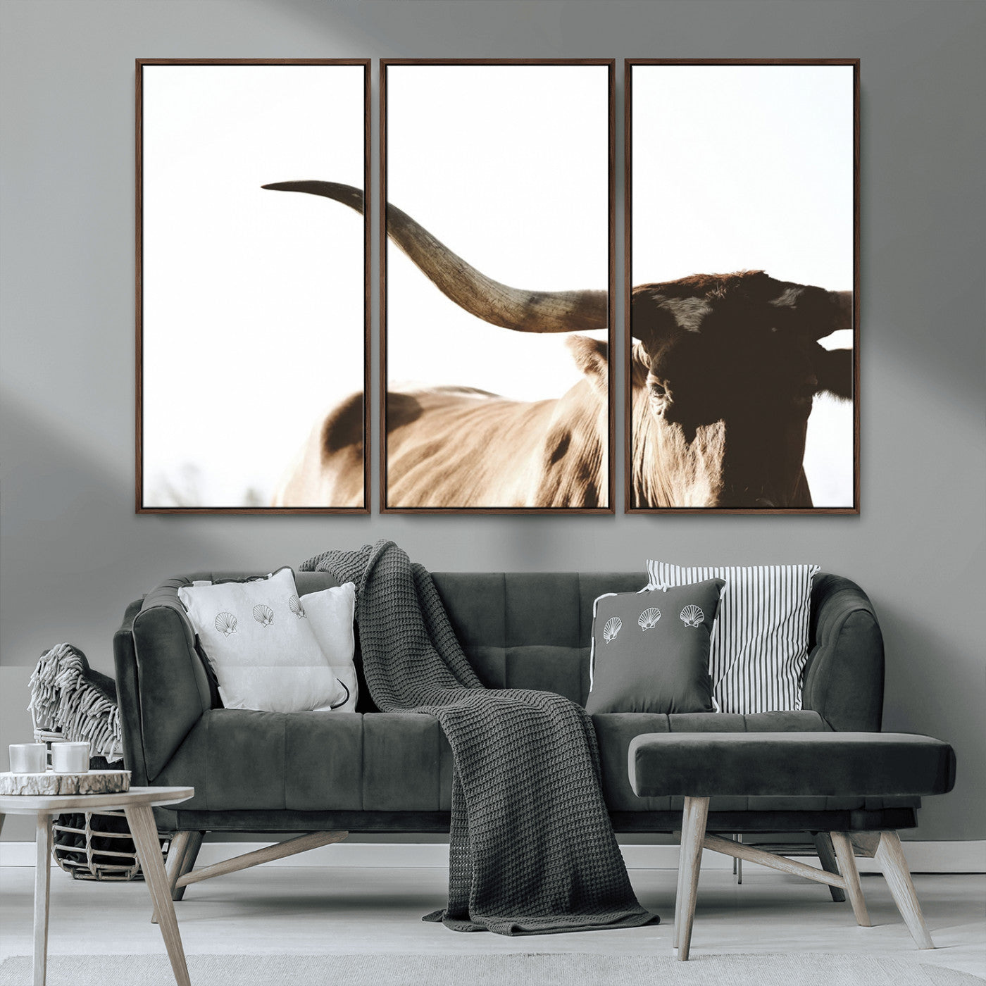 MGV-FC-48X32-3P - Texas Longhorn Wall Art Canvas Print | 3-Panel Large Longhorn Canvas Print for Living Room, Framed Gallery Wrap Office, Rustic Western Cowboy Decor