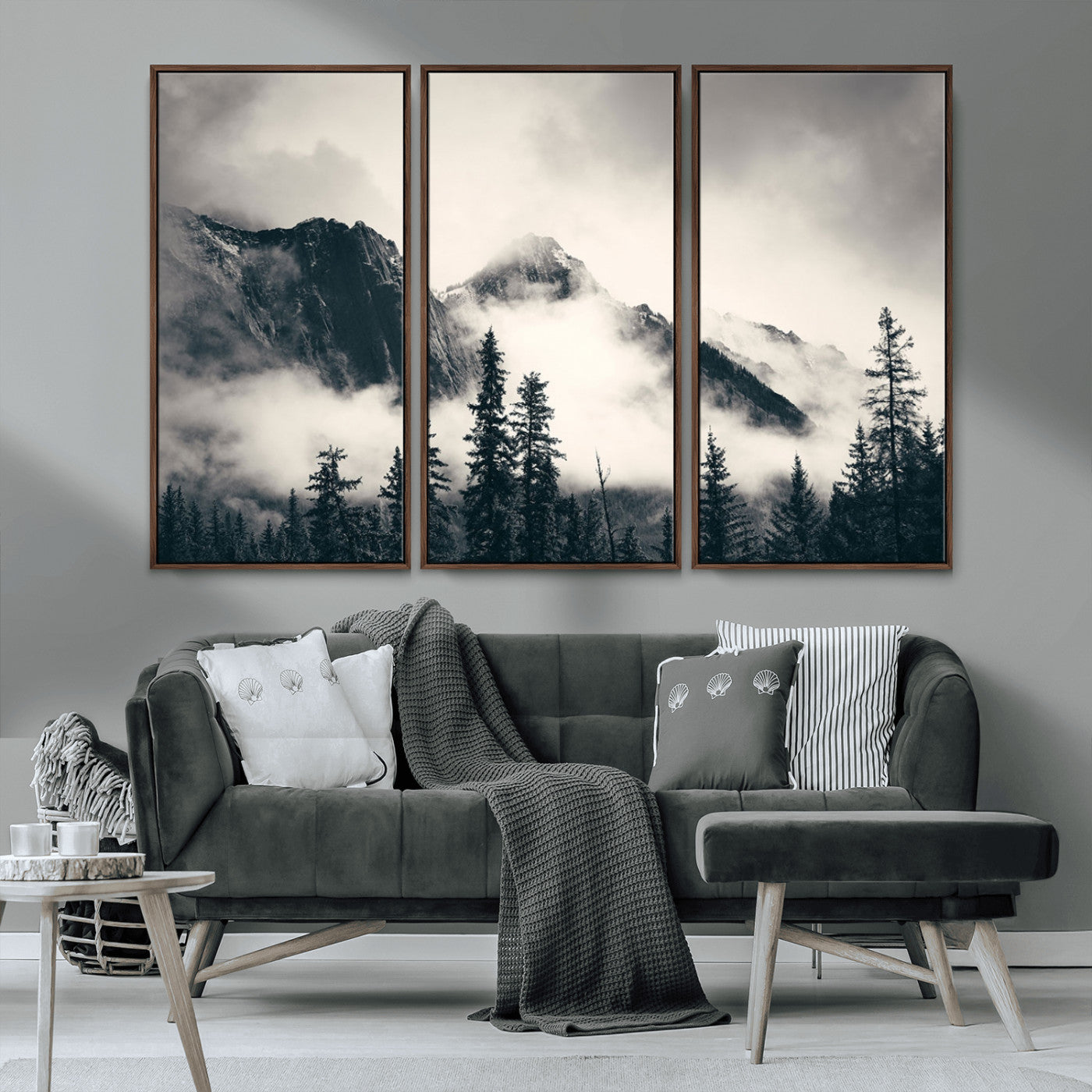 MGV-FC-48X32-3P - Large Foggy Mountain Forest Wall Art Canvas Print | Misty Mountain Peaks and Pine Trees Print | Framed Gallery Wrap | Rustic Nature Farmhouse Decor