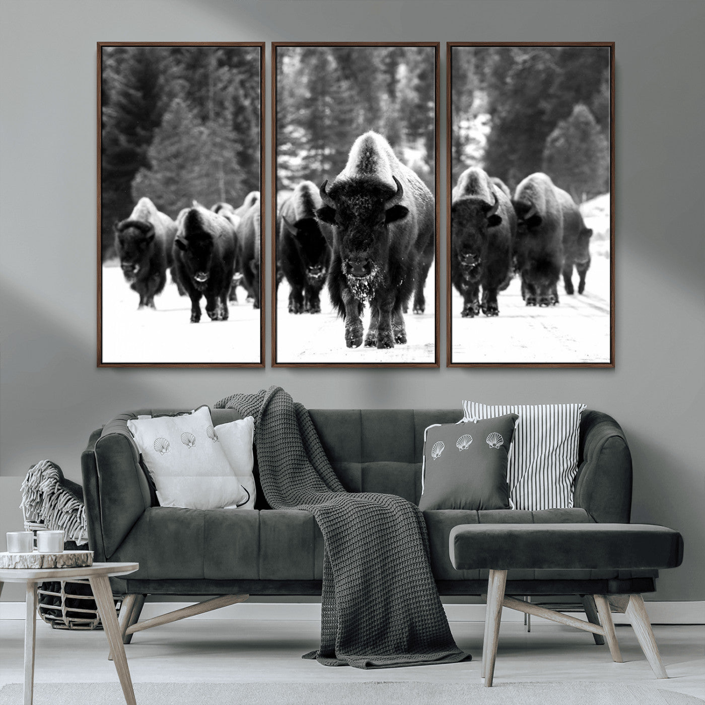 62434-MGV-CV-36X24-Bison Herd in Snow Wall Art Canvas Print | Rustic Western Bison Wall Art for Decor for Living Room,