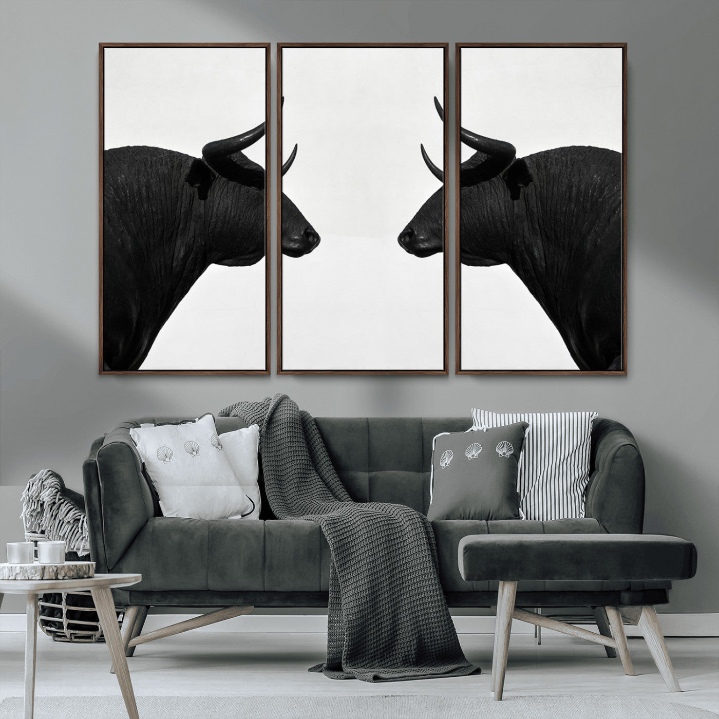 -Spanish Bull Art - Framed Black and White Bull Canvas Print for Modern Rustic Home or Office Decor
