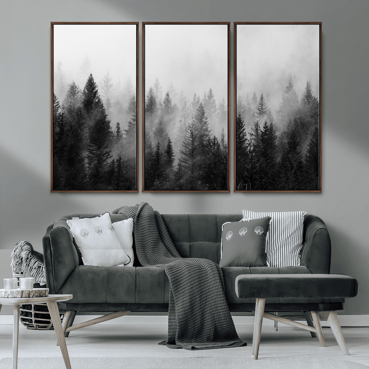 MGV-FC-48X32-3P - Foggy Black and White Forest Wall Art, 3 Panel Misty Pine Trees Canvas Print for Living Room, Office, or Bedroom, Nature-Inspired Woodland Wall Decor