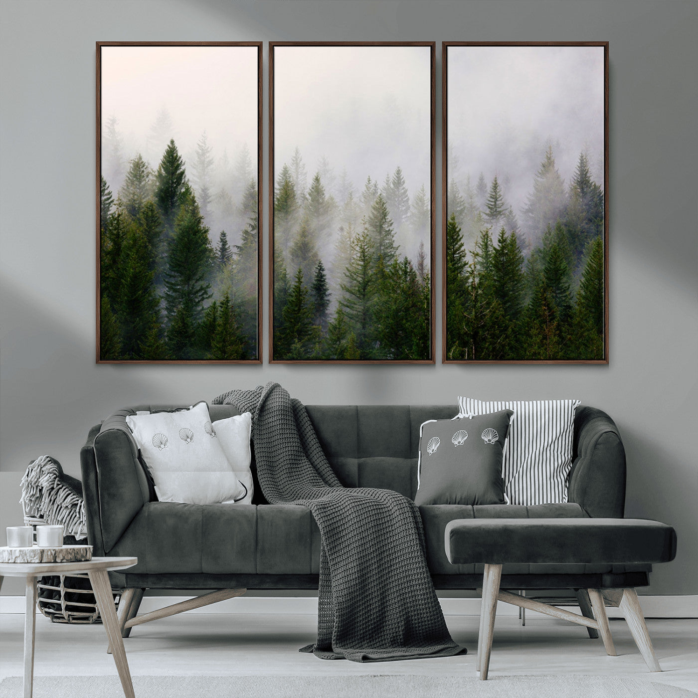 MGV-FC-48X32-3P - Misty Pine Forest Wall Art Canvas Print | 3 Panel Green Woodland Canvas Print for Living Room, Office, or Dining Room | Nature Foggy Forest Decor