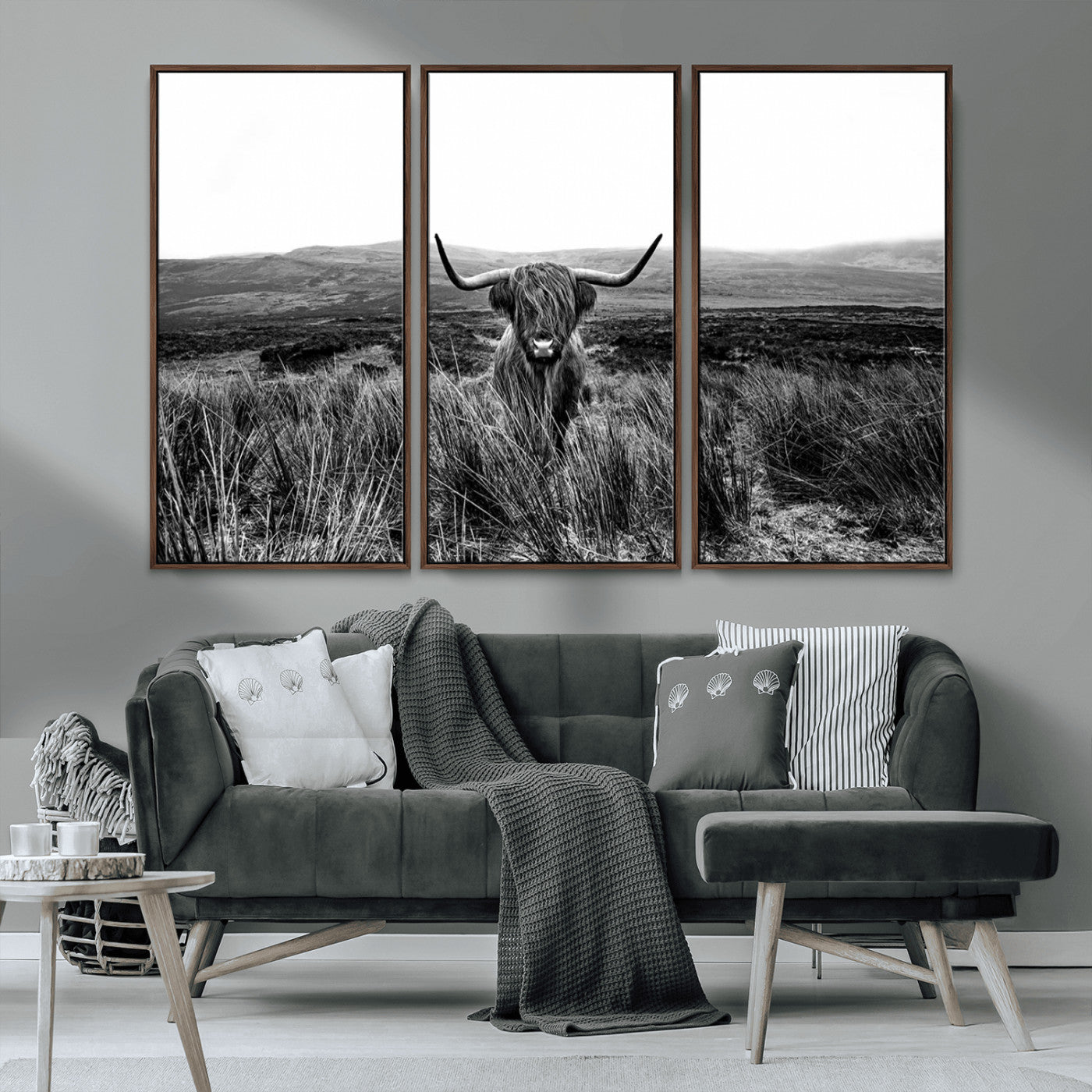 MGV-FC-48X32-3P - Black and White Highland Cow Canvas Wall Art, Longhorn Triptych Western Wall Decor for Cabin -