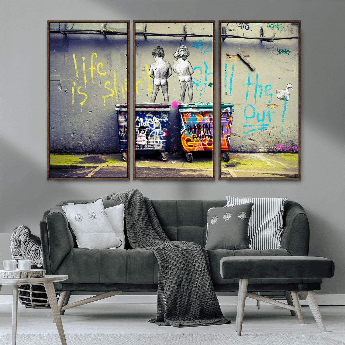 MGV-FC-48X32-3P - Banksy Life is Short Wall Art - Iconic Graffiti Art on Framed Ready-to-Hang Canvas - Street Art Inspired Decor