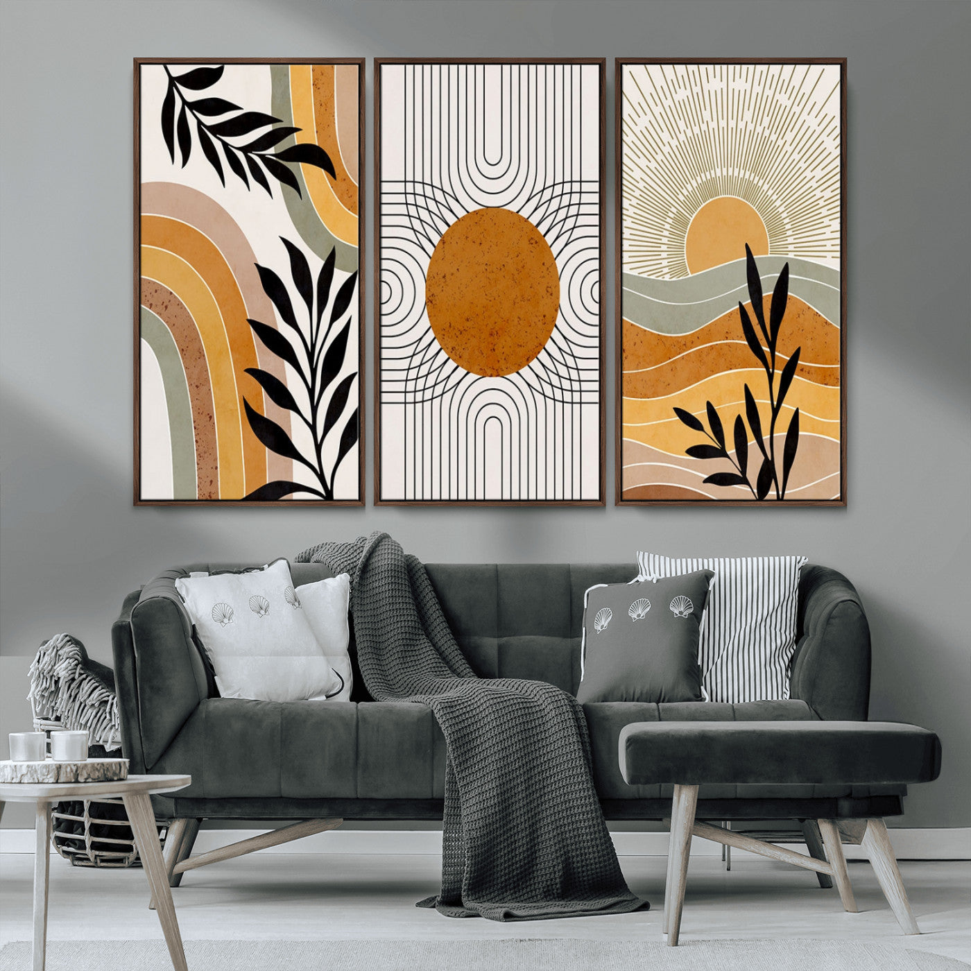 MGV-FC-48X32-3P - Modern Boho Sun and Leaf Abstract Art – 3-Panel Giclée Canvas for Mid-Century Modern or Bohemian