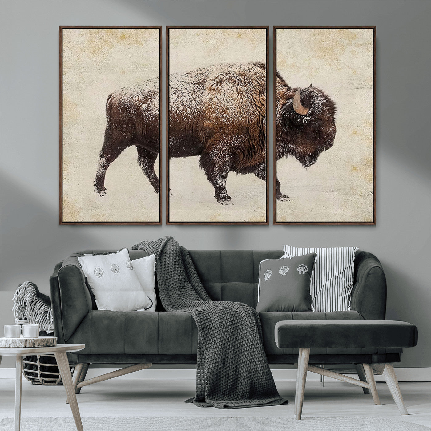 MGV-FC-48X32-3P - Buffalo Wall Art, Western Bison Canvas Print, Rustic Buffalo Art for Cowboy Western Decor, Large Multi-Panel Giclee Canvas for Farmhouse Wall Decor