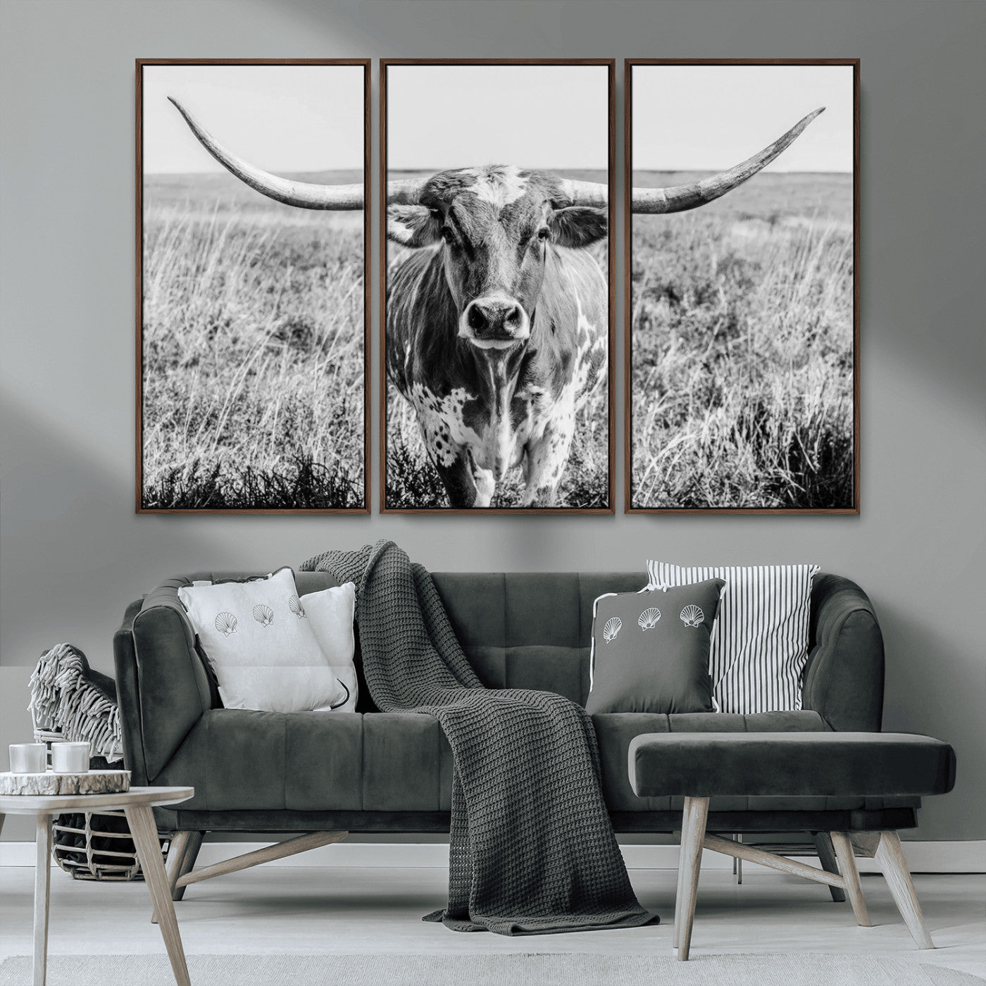 MGV-FC-48X32-3P - Texas Cow Longhorn Wall Art Canvas Print for Farm House Wall Decor, Farmhouse Wall Art Print