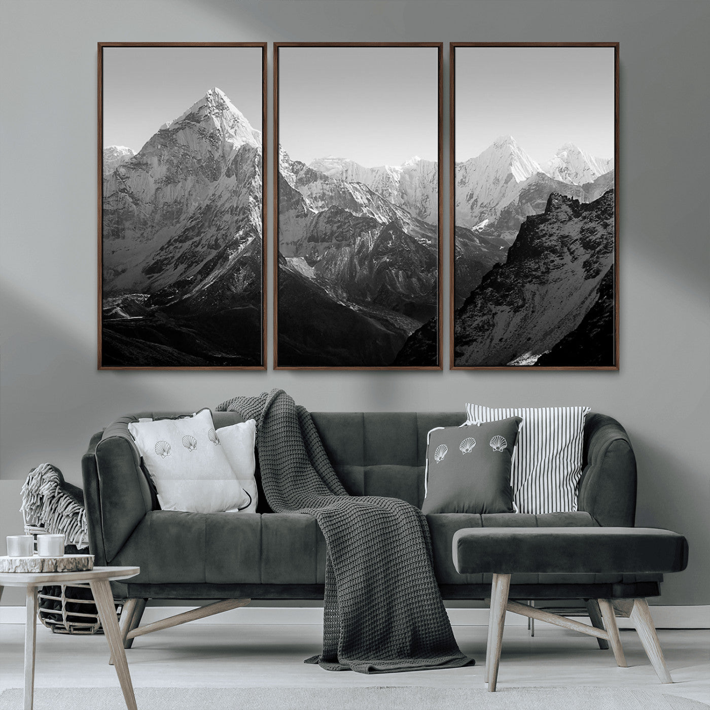 MGV-FC-48X32-3P - Everest Himalaya Mountain Peaks Black & White Triptych Canvas Art – Mountain Wall Decor for Minimalist Interiors