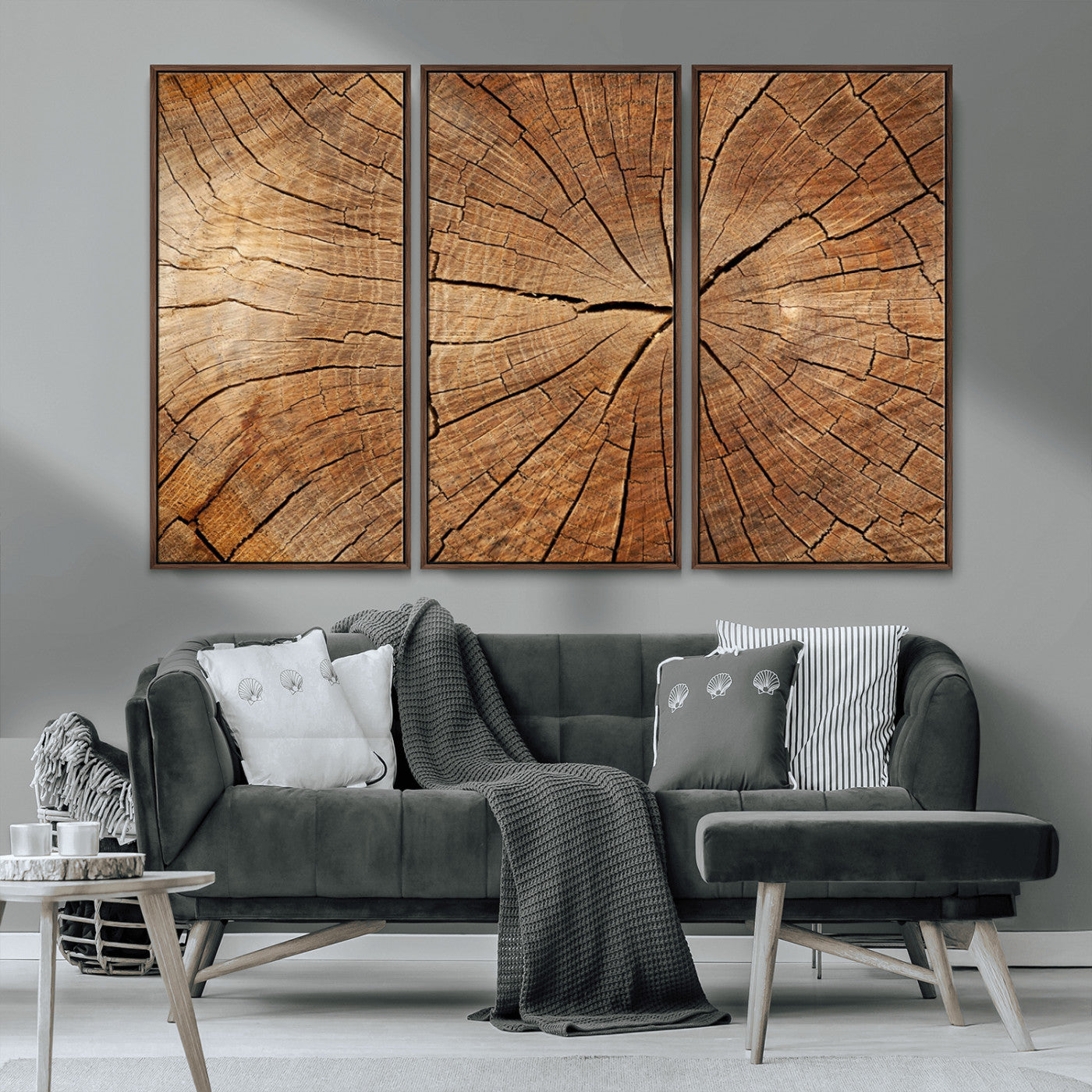 MGV-FC-48X32-3P - Tree Ring Canvas Art, Rustic Wood Grain Wall Art, Tree Slice Decor for Modern Homes, Giclee Multi-Panel Print, Tree Ring Wall Art Set