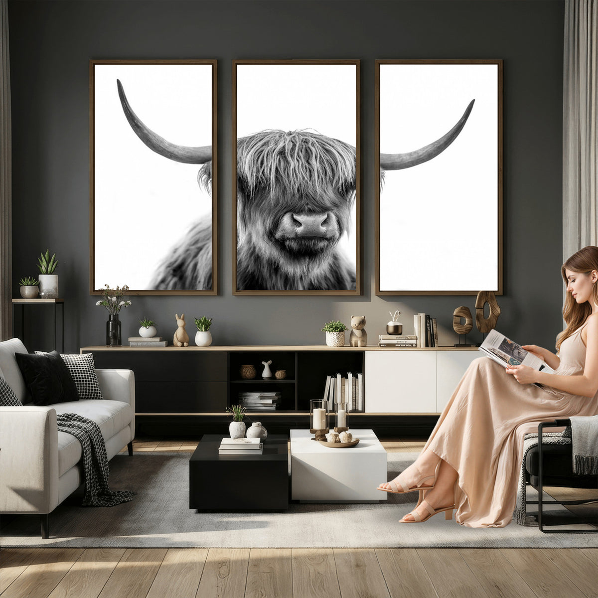 75503-_Poster-30x20 - Scottish Highland Cow Cattle Art Print Wall Art Canvas Print for Farmhouse Decor, Framed Scottish