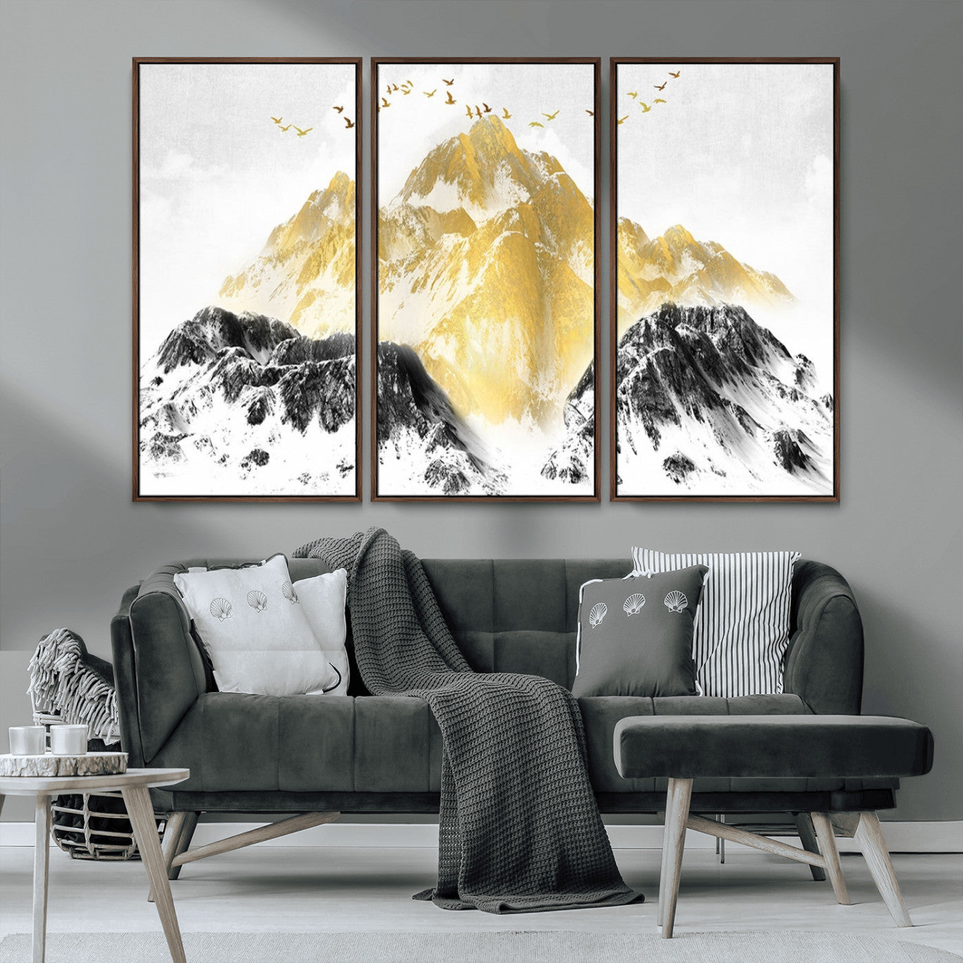 MGV-FC-48X32-3P - Golden Mountain Triptych Wall Art, Modern Giclee Canvas Print, Nature Landscape Decor for Living Room, Contemporary Gold and Black Wall Art