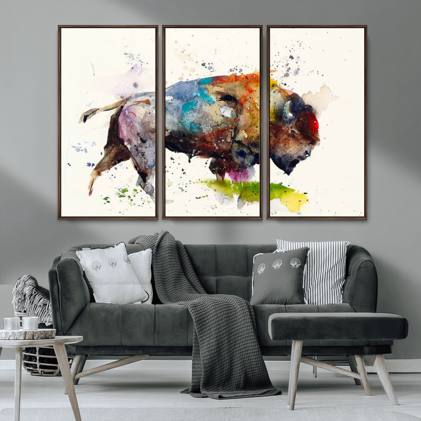 MGV-FC-48X32-3P - Abstract Buffalo Wall Art, Western Watercolor Bison Canvas Print, Rustic Buffalo Art for Cowboy and Western Decor, Large Multi-Panel Giclee Canvas