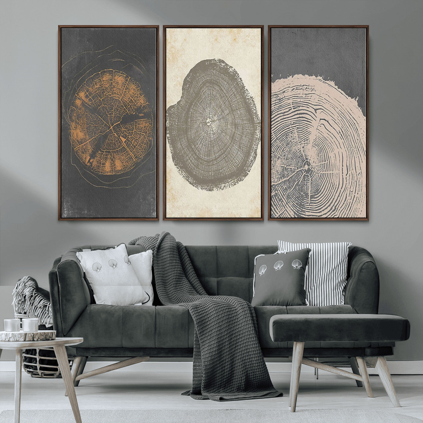 MGV-FC-48X32-3P - Boho Tree Ring Wall Art, Modern Minimalist Wood Grain Canvas, Tree Slice for Rustic Decor, Farmhouse Decor Giclee Canvas Print, Tree Ring Canvas Set