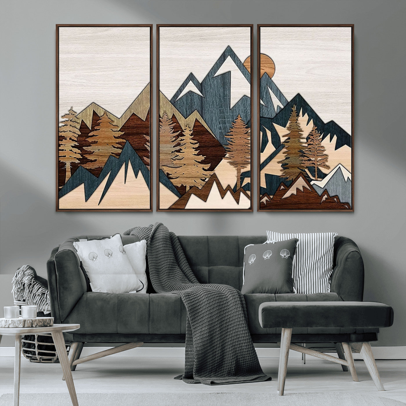 MGV-FC-48X32-3P - Woodland Mountain Landscape Triptych, Giclee Canvas Art for Modern Home, Rustic Wooden Nature Wall Art, Large Mountain and Tree Canvas for Living Room