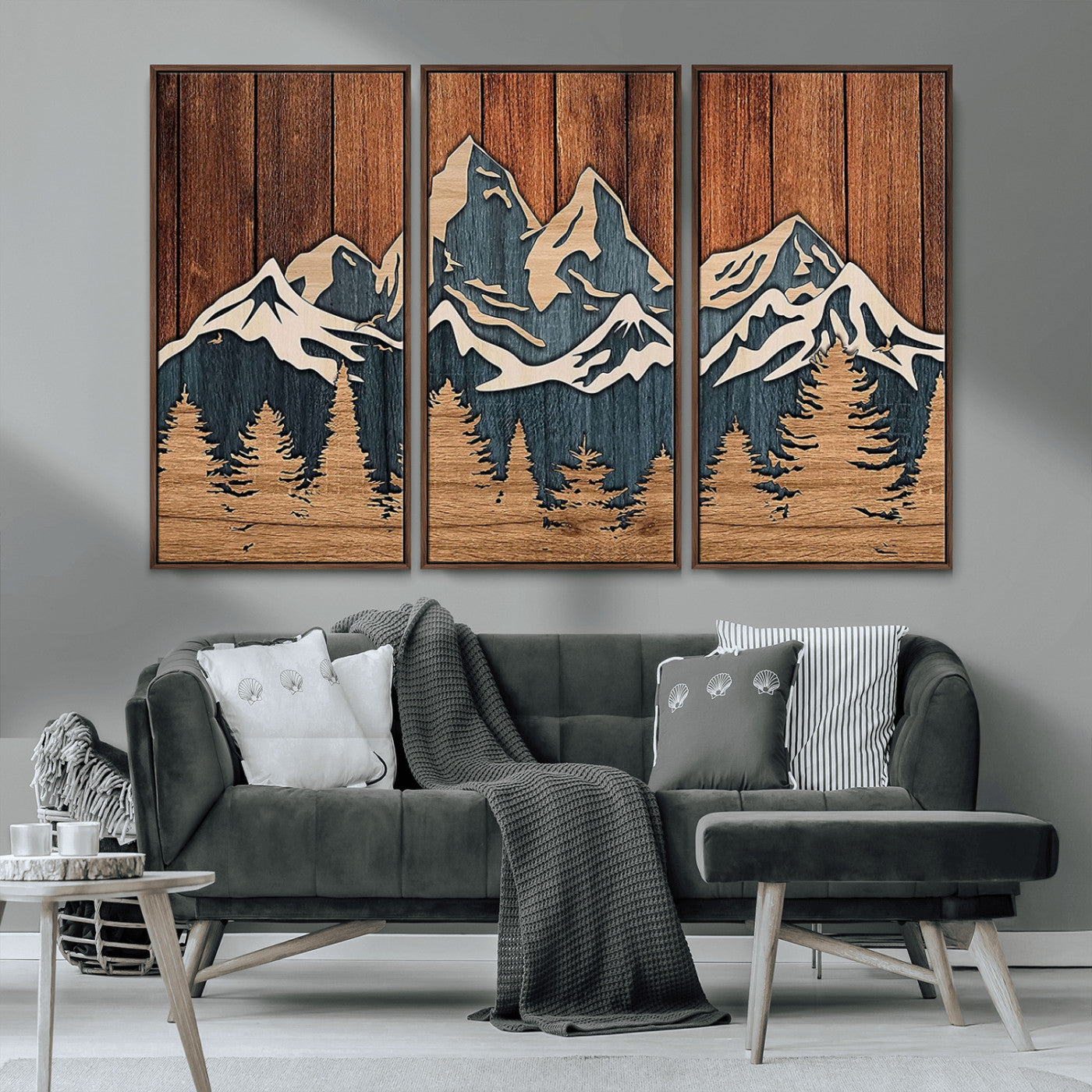 MGV-FC-48X32-3P - Rustic Wood Style Mountain Wall Art, Nature Forest Canvas Print, Wooden Textured Mountain Artwork, Handcrafted Landscape Decor for Farmhouse Decor