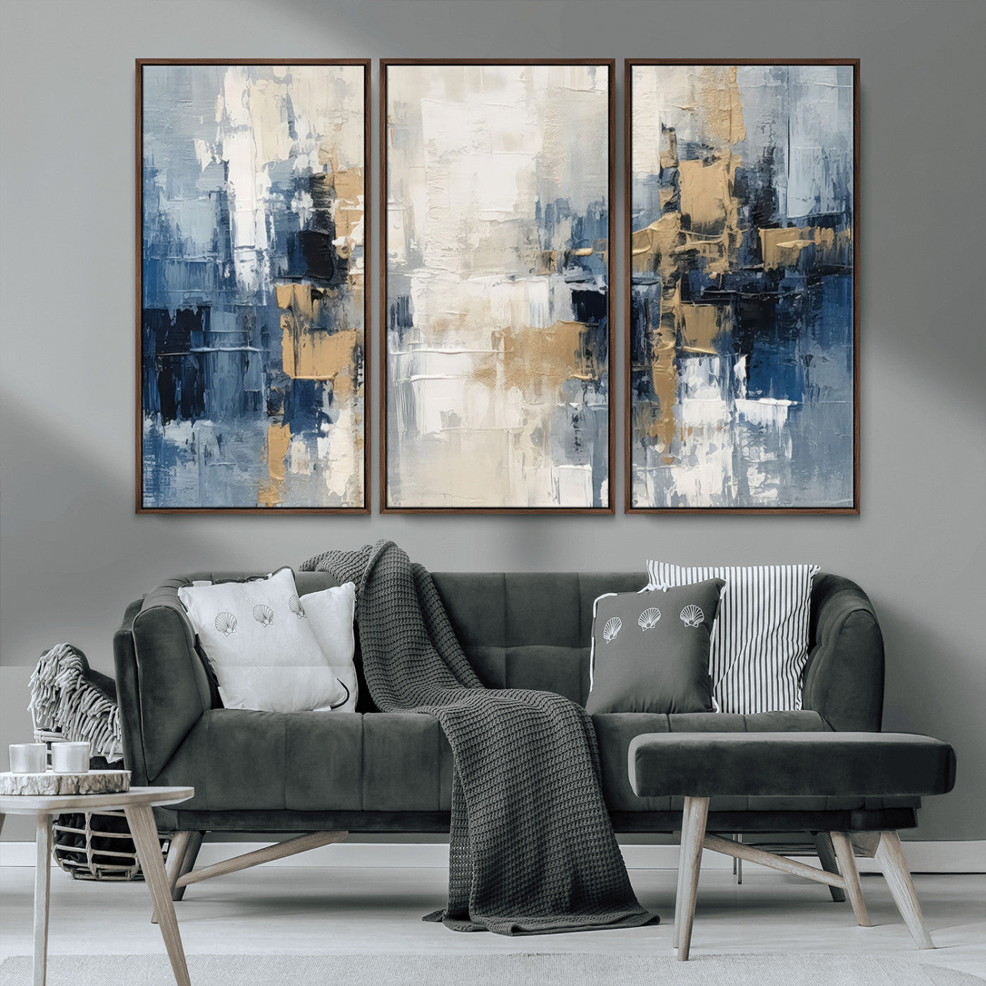 -Modern Abstract Canvas Wall Art in Blue and Gold Tones | Large Contemporary Art for Living Room,